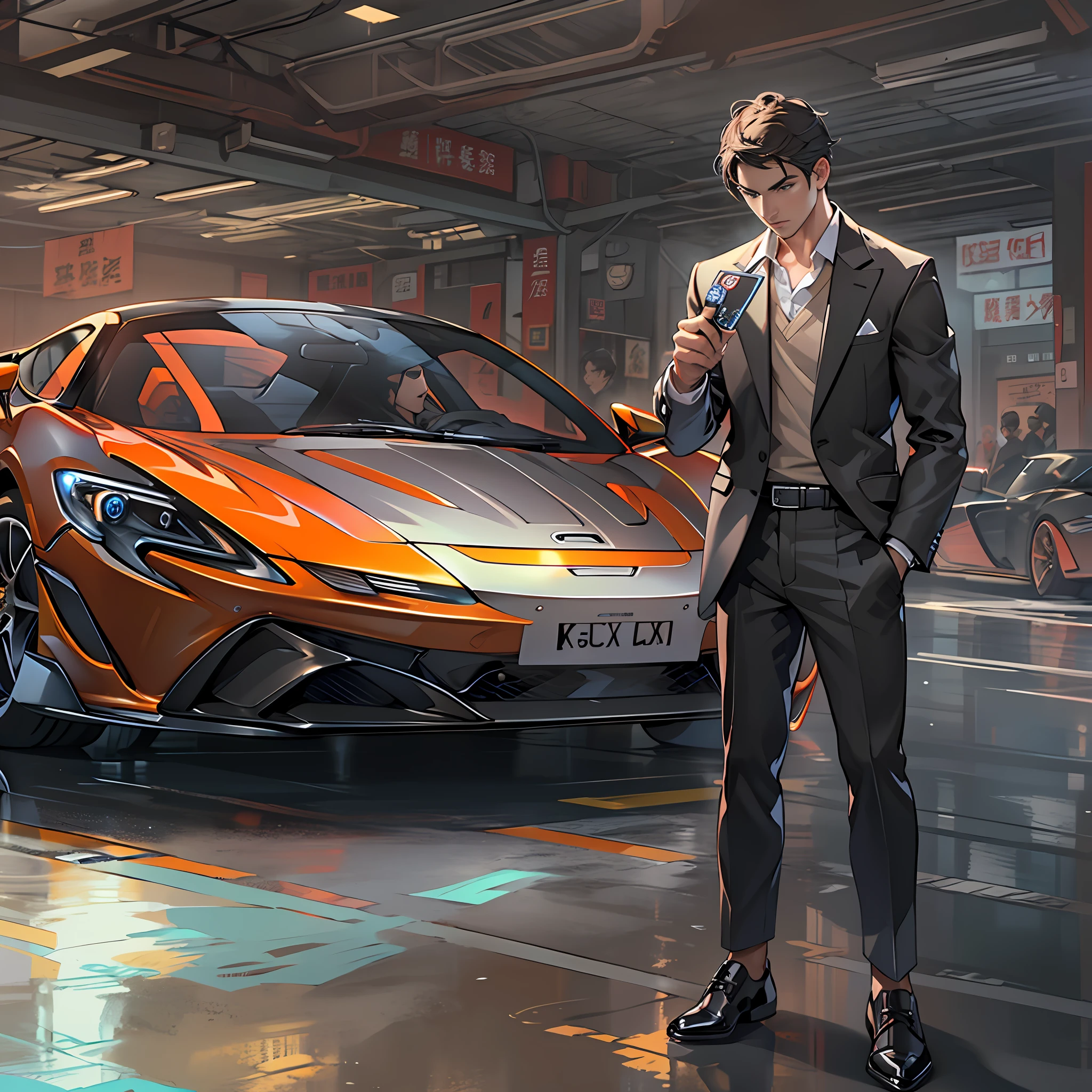 A young and stylish man holding a car key, standing in front of a shiny McLaren sports car, determinedly pressing the start button on the key, the engine roaring loudly, attracting the attention of all the fans present. ,in the style of the stars art group xing xing, 32k, best quality, masterpiece, super detail, high details