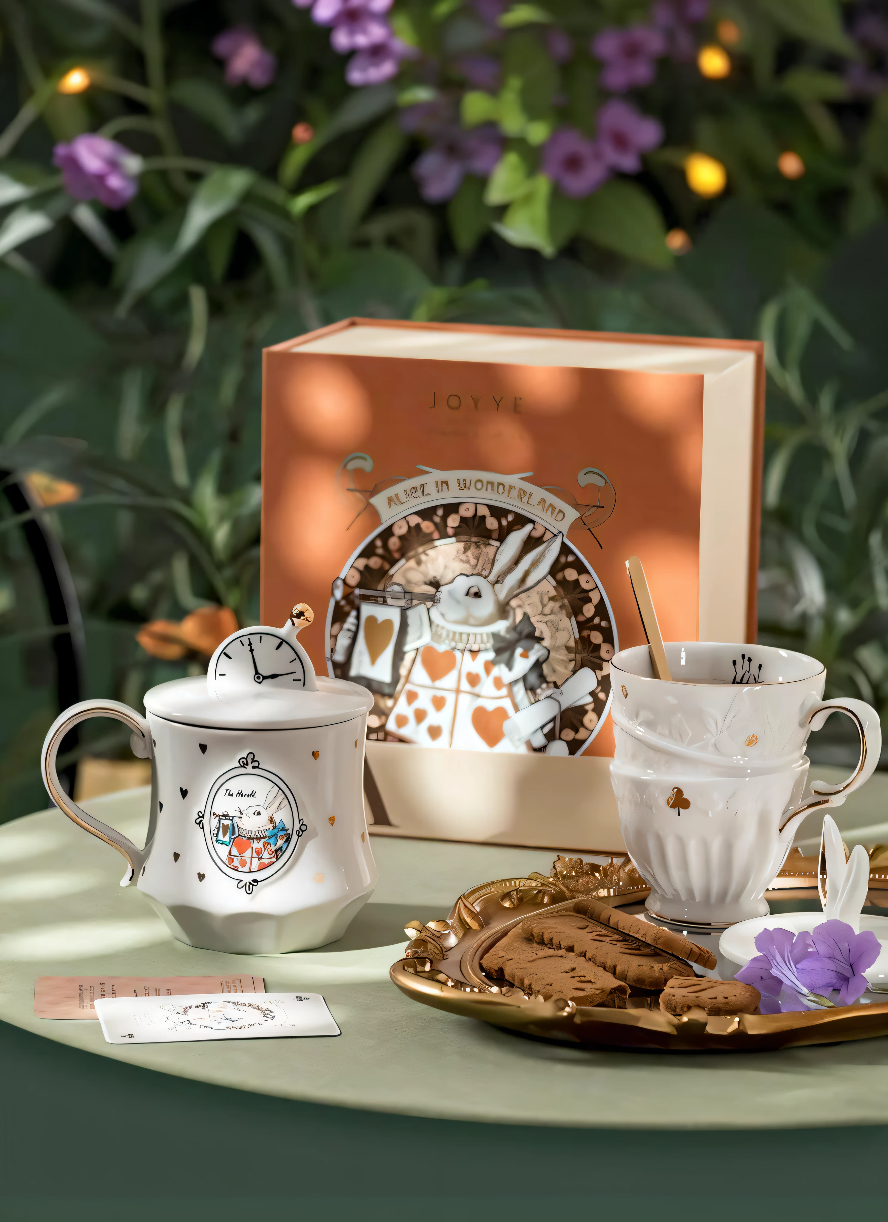 There are two cups and a plate on the table，There are cookies inside, exploitable image, engalnd porcelain tea set, alice in wonderland theme, detailled image, Alice attends a crazy tea party, Alice, Cheshire cat drinking tea, 《Alice in Wonderland》of the subject,