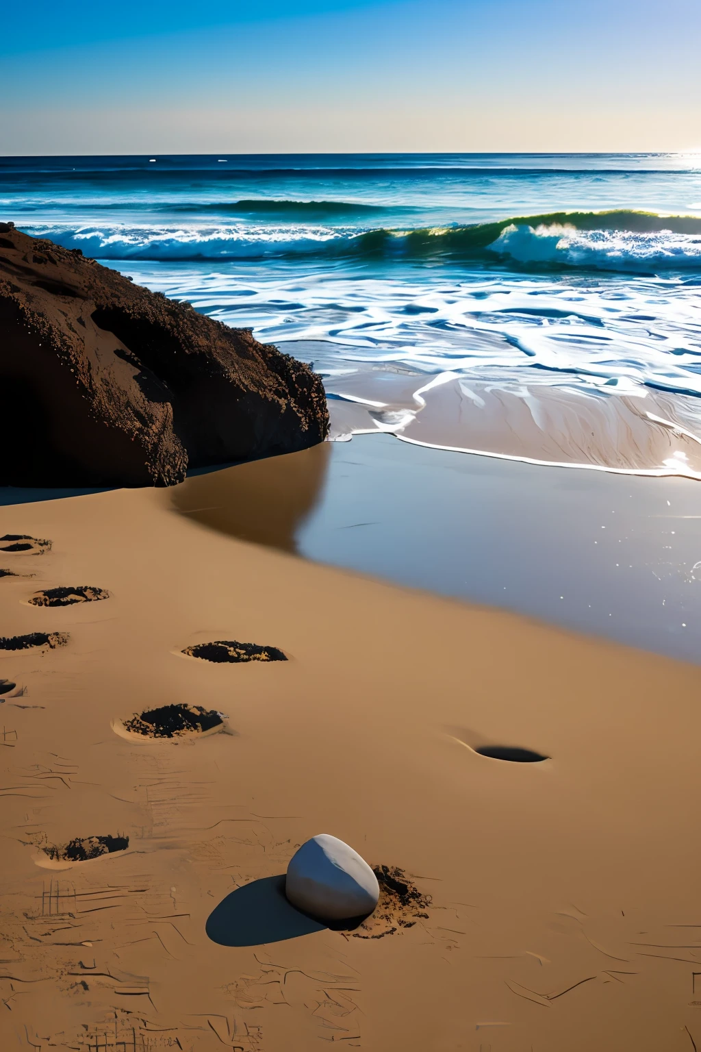 guttonervision8, dia lindo de nascer do sol em uma praia deserta com coqueiros e pedras. Um homem caminhando tranquilamente pela areia deixando seu rastro. O colorido do nascer do sol reflete no mar. Imagem realista, fotorealista, hiper detalhe, uhd