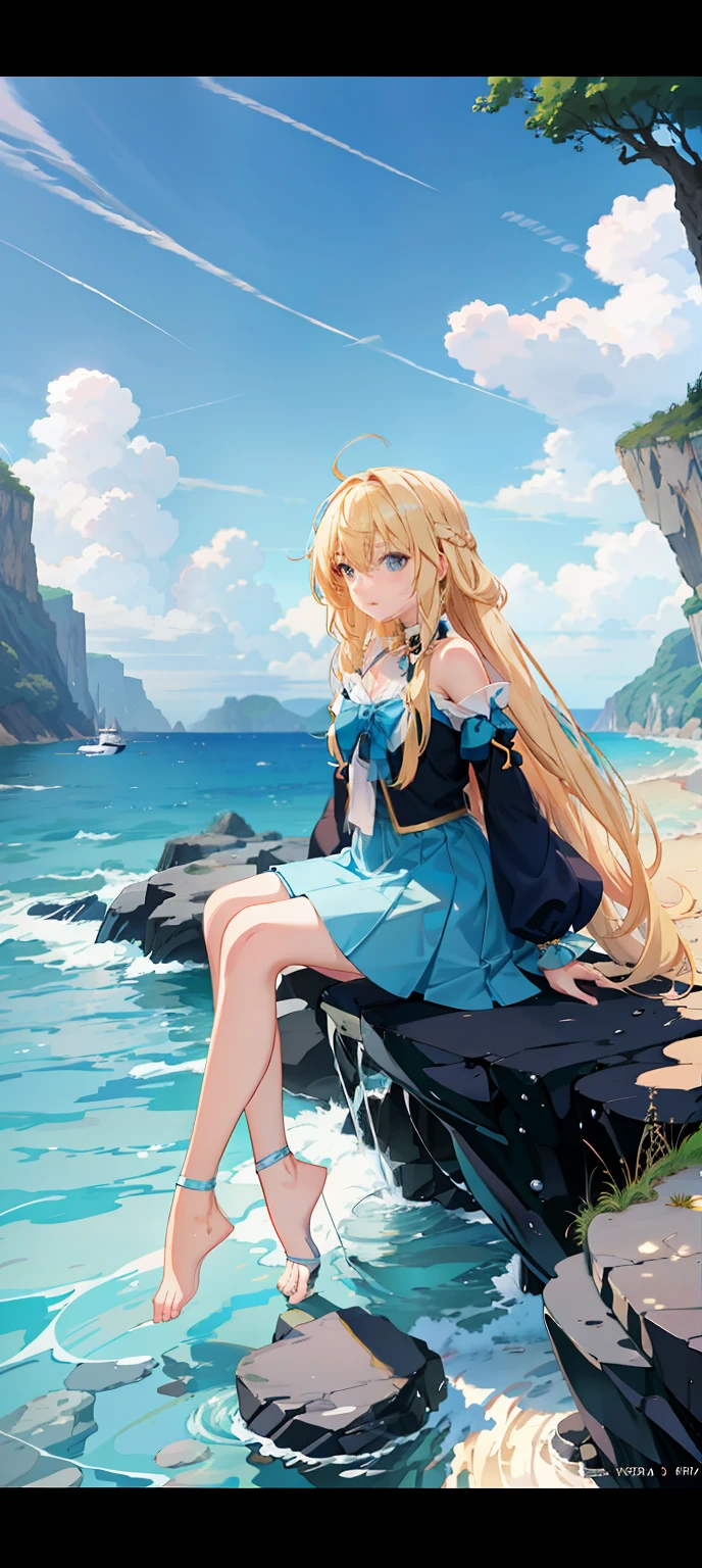 Anime girl sitting on rocks by the sea with dog, Blonde anime girl with long hair, wallpaper anime blue water, anime wallaper, Beautiful anime, Guviz, hd anime wallaper, Anime style. 8K, anime visual of a cute girl, Splash art anime Loli, drawn in anime painter studio, Smooth anime CG art