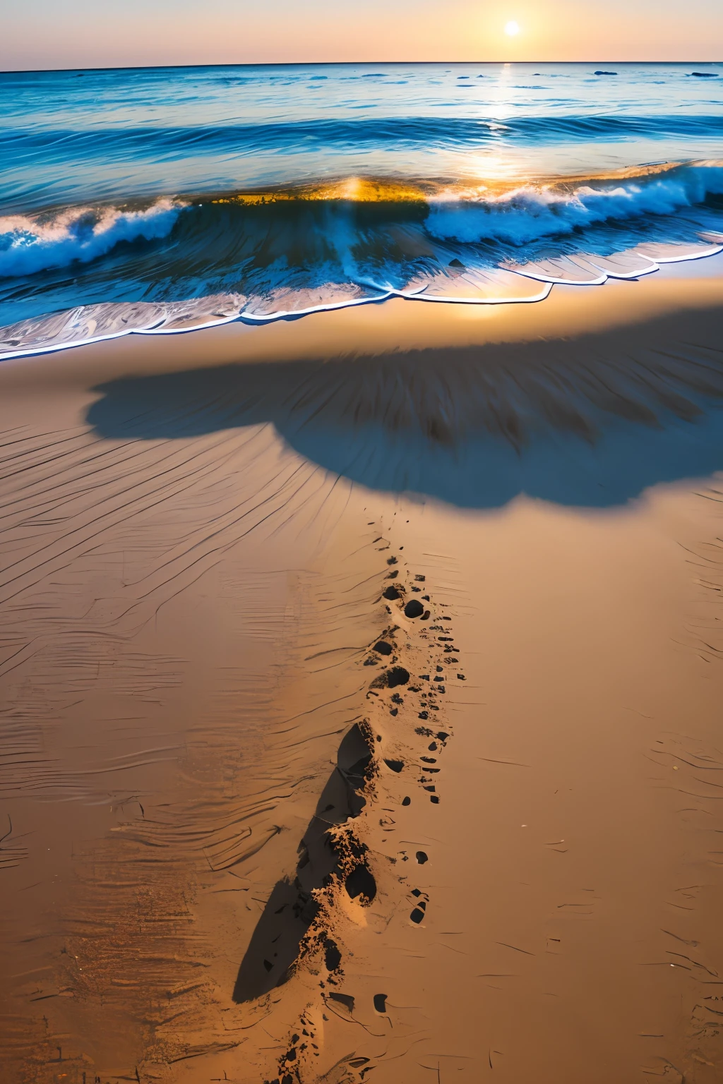 guttonervision8, dia lindo de nascer do sol em uma praia deserta com coqueiros e pedras. Um homem caminhando tranquilamente pela areia deixando seu rastro. O colorido do nascer do sol reflete no mar. Imagem realista, fotorealista, hiper detalhe, uhd