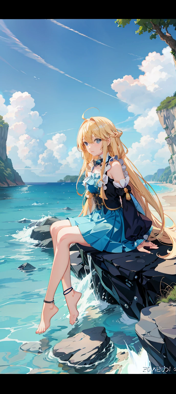 Anime girl sitting on rocks by the sea with dog, Blonde anime girl with long hair, wallpaper anime blue water, anime wallaper, Beautiful anime, Guviz, hd anime wallaper, Anime style. 8K, anime visual of a cute girl, Splash art anime Loli, drawn in anime painter studio, Smooth anime CG art