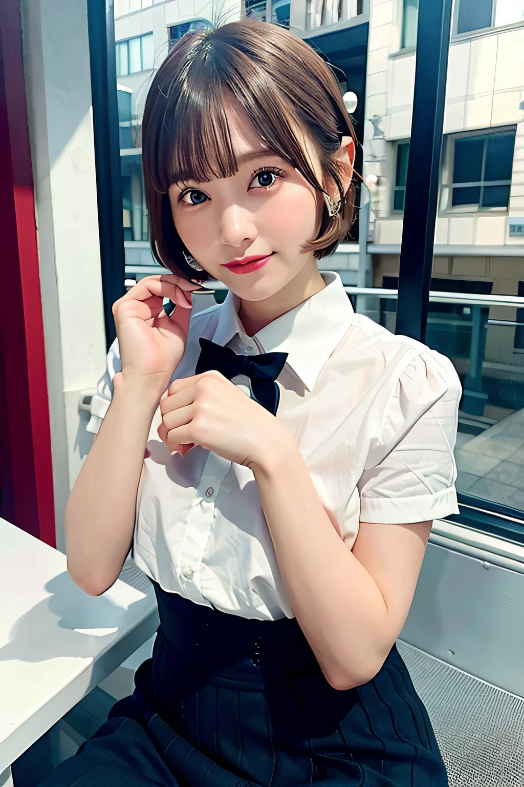 (8K, RAW photo, Best Quality, Masterpiece: 1.2), (Realistic, Photorealistic: 1.37), Ultra HD, 1 girl, Cute, Solo, Beautiful sky, Detailed cafe, Night, Sitting, date, (nose lip), (smile: 1.1), (closed), medium , beautiful eyes, (collared shirt: 1.1), bow tie, pleated skirt, (short hair: 1.2), floating hair
