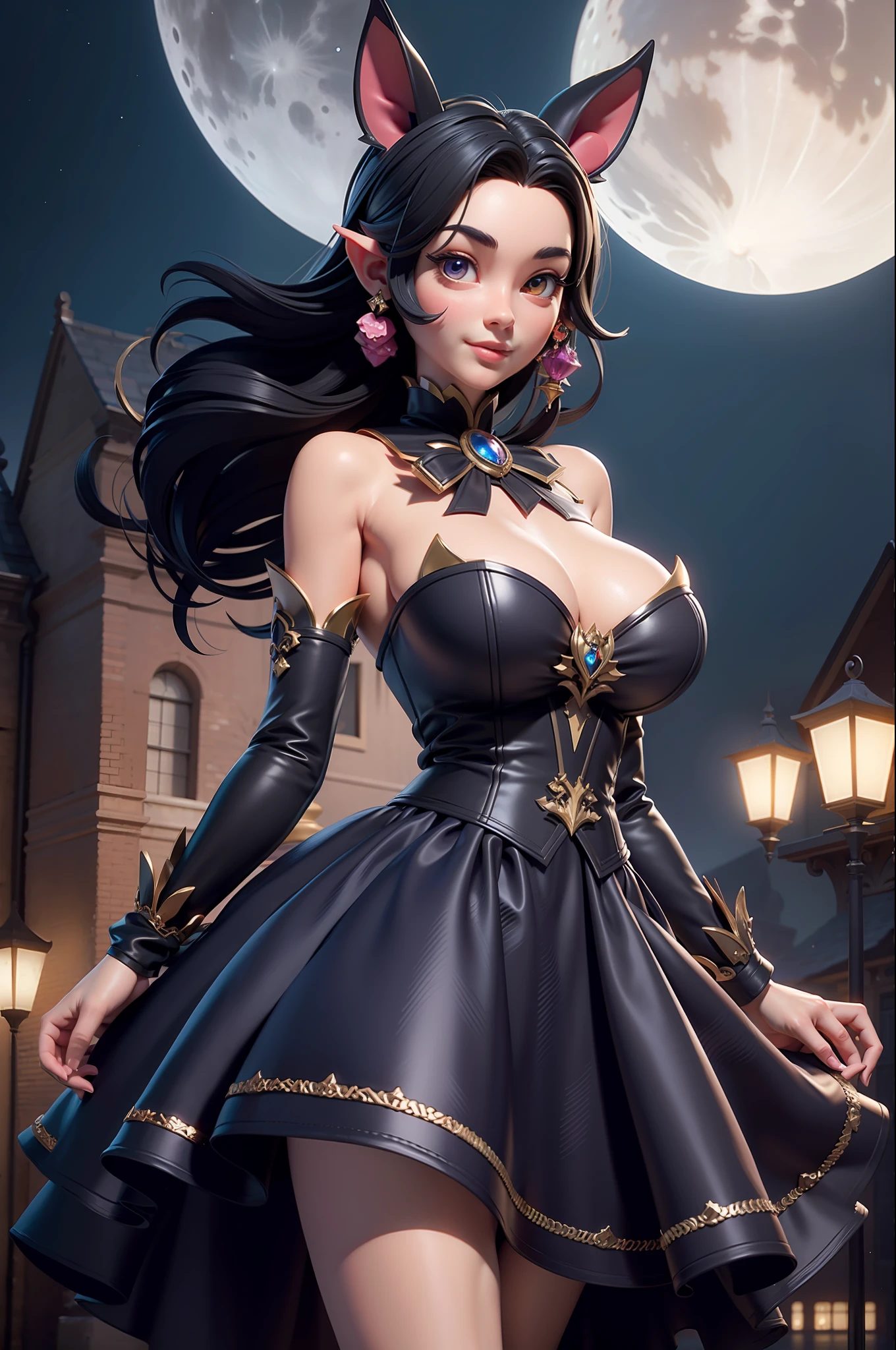 3DMM style,(Masterpiece, Best quality:1.4), midnight, Cool, Vivid, big breasts enchanting, 1girll, dress, Dog ears, Moon