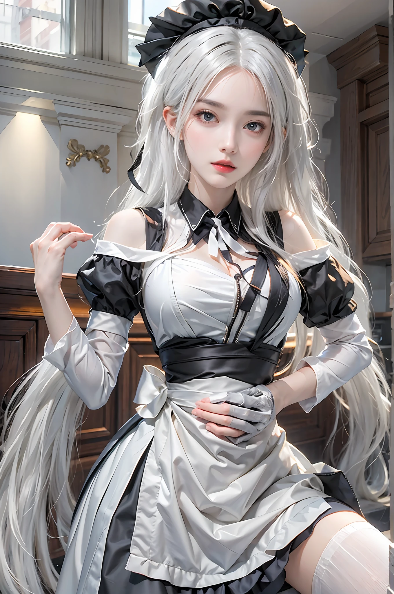 photorealistic, high resolution, 1women, solo, hips up, look at viewer, (detailed face), white hair, long hair, maid costume