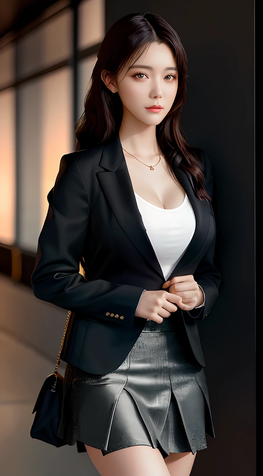 best quality, masterpiece, 1girl, Beautiful face, (photo realistic:1.3), rim lighting, (high detailed skin:1.2), 8k uhd, dslr, high quality, high resolution, 4k, 8k, Bokeh, absurdres, best ratio four finger and one thumb, (realistic:1.3), cute 1girl, wearing black formal blazer, medium breasts, short skirt,