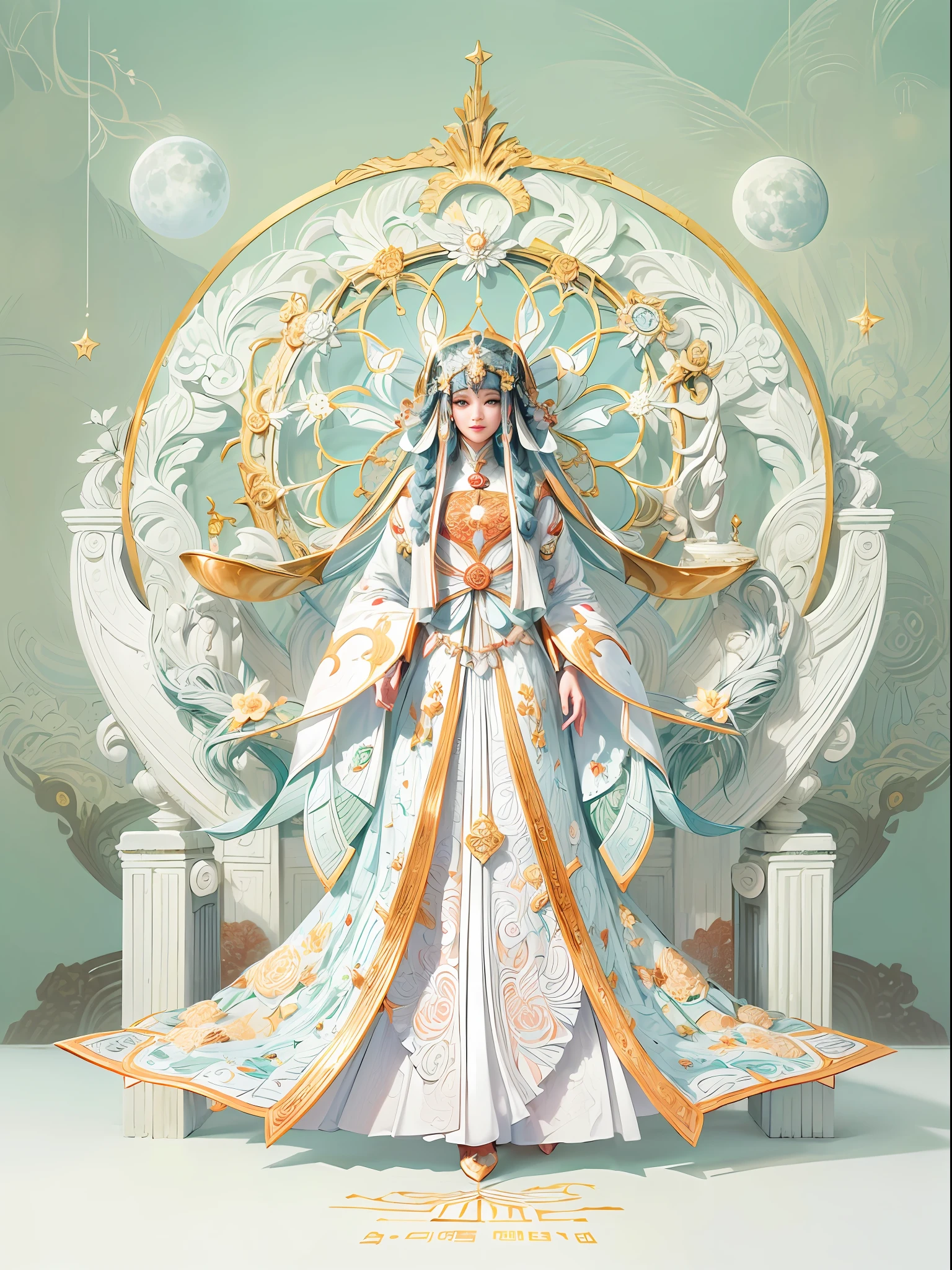 (Graphic illustration:1.4, paper art, Quilted paper art, geomerty),rotational symmetry, (full-body shot:1.4), (Chang'e , moon, halo, exquisite headdress, smile), White background,  (Chinese colors, senior color matching), ( bokeh, Out of Focus, Soft Lighting, movie lighting, God Ray, UHD)