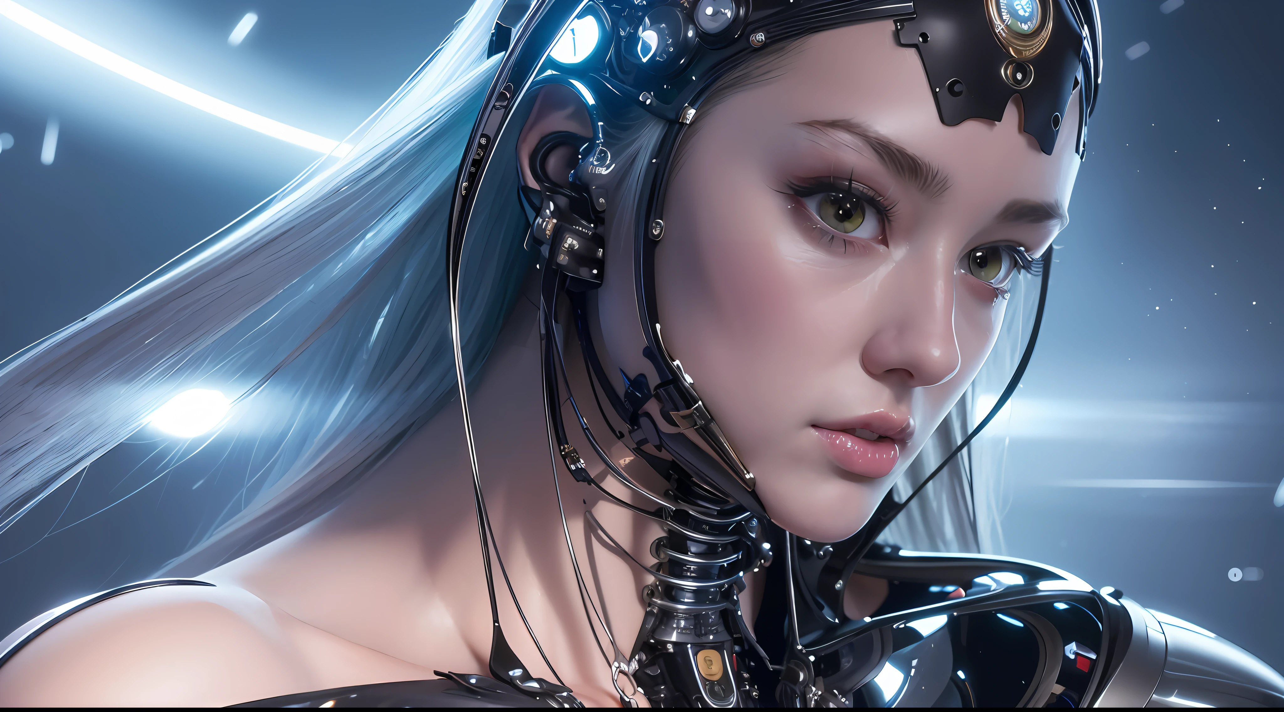 complex 3d render ultra detailed of a beautiful porcelain profile android face, full cyborg, cyborg, robotic parts, 150 mm, beautiful studio soft light, rim light, vibrant details, luxurious cyberpunk, lace, hyperrealistic, anatomical, facial muscles, cable electric wires, microchip, elegant, beautiful background, octane render, H. R. Giger style, 8k, best quality, masterpiece, illustration, an extremely delicate and beautiful, extremely detailed ,CG ,unity ,wallpaper, (realistic, photo-realistic:1.37),Amazing, finely detail, masterpiece,best quality,official art, extremely detailed CG unity 8k wallpaper, absurdres, incredibly absurdres, robot, silver halmet, full body, sitting