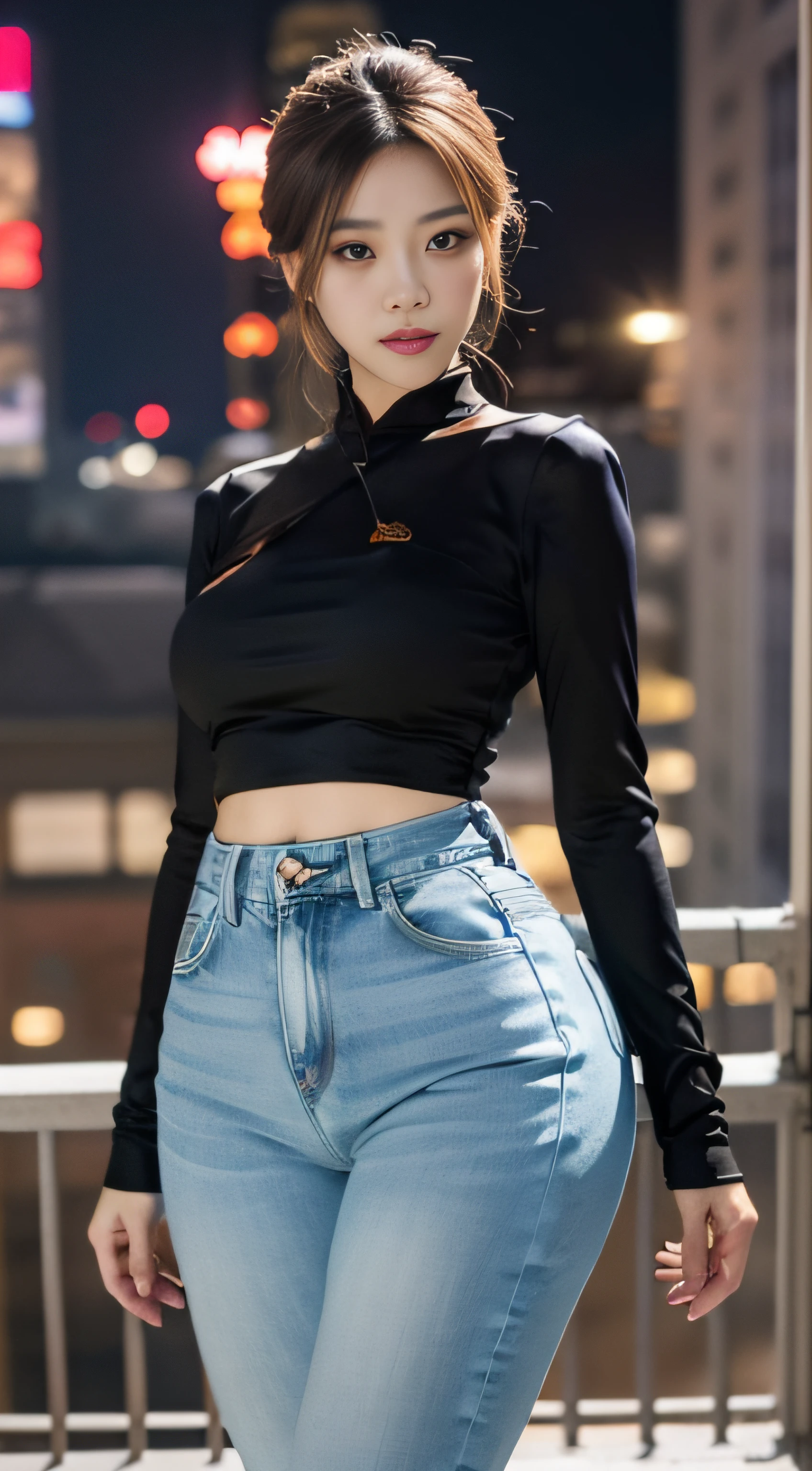 A Chinese woman on the rooftop of a tall building at night, com cabelos macios, rosto delicado, Realistic, real, esguio, grande abertura, fotos sensuais, poses atraentes, Modelo do Instagram, vestindo jeans preto e top cinza claro, tight jeans, long pants, camisa cropped | |, umbigo aberto, mangas curtas, camisa cinza claro, camisa apertada, black jeans, tampo cinza claro,