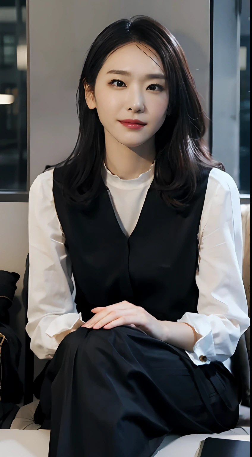 She is a professional in the financial industry，Wear sophisticated black professional attire，Sitting in an office in a high-rise building。From her deep eyes, you can see her intelligence and confidence，And the meticulous hairstyle shows her professionalism and competence。She has delicate facial features and elegant temperament，The slightly raised corners of his mouth reveal a bit of confidence and independence。