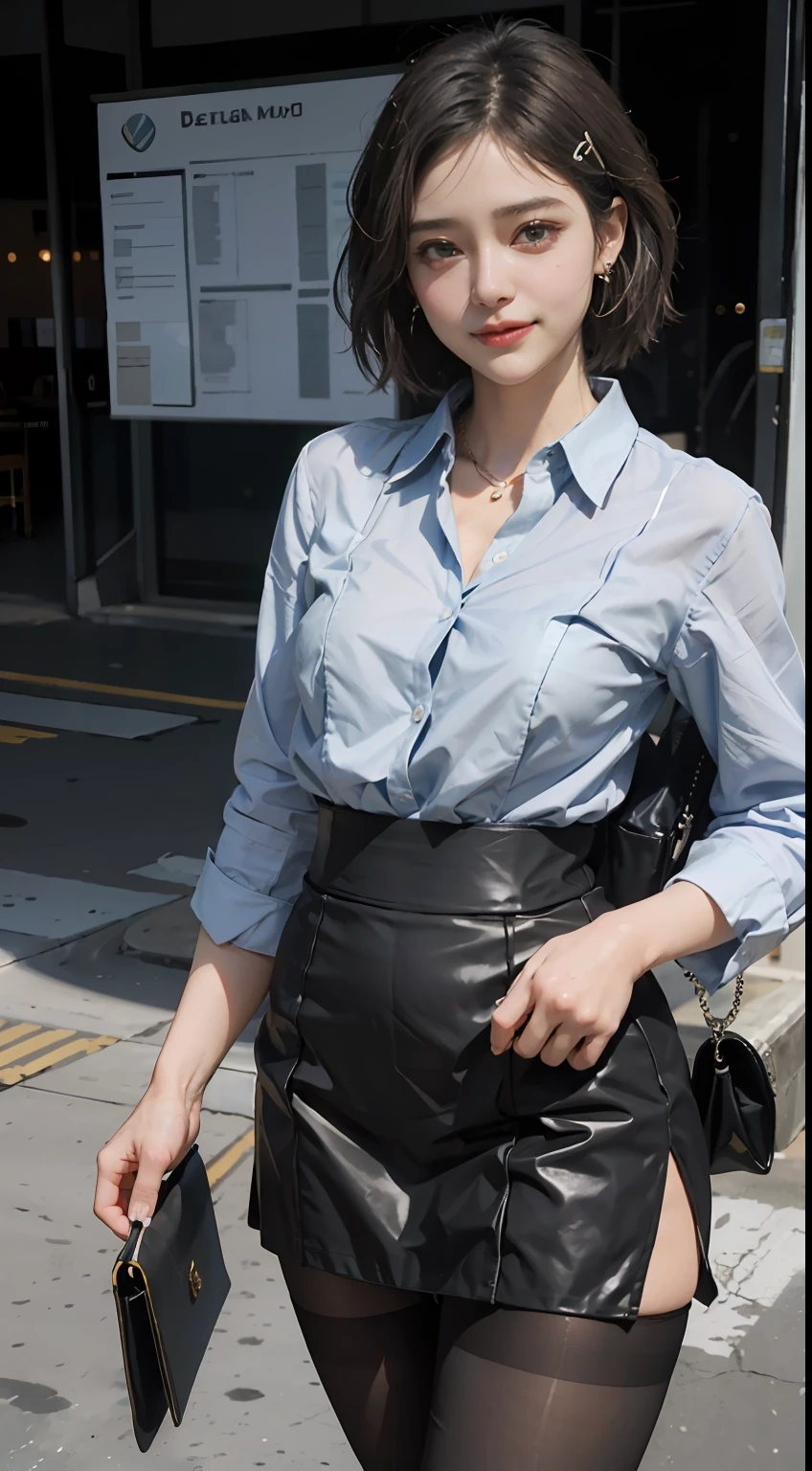 (8K, Best quality, Masterpiece:1.2),
(Realistic, photo-realistic:1.37),
Ultra-detailed,

1 girl, full bodyesbian, Outdoors, (Adjust hair:1.5)
Office Lady, black officeblazer, officeskirt, (Pantyhose:1.2), (short buttoneddownshirt:1.2), buttonedupcollarprim, buttoneddowncollarprim, Bra, (Pantyhose:1.2), alphalayers, high-heels,

Beautiful earrings,
Cute,
Solo,
Beautiful detailed sky,
(Smile:1.15),
(Closed mouth),
Small breasts,
Beautiful detailed eyes,
Business attire,Business wrap hip skirt
(Short hair:1.2),
Floating hair NovaFrogStyle,