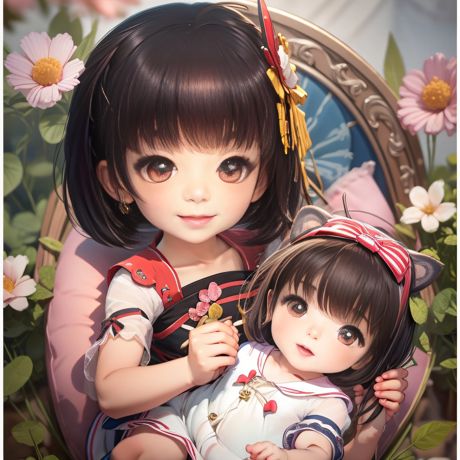 In this painting, We saw an incredibly cute and cute  girl image from Vietnam. Babies have shoulder-length black hair, Creates a gentle and pure look. Her big round eyes shone with a lively and mischievous light, Reflects the curiosity and innocence of childhood. Her cute smile highlights her cuteness and charm.

The babyl is depicted in fine detail, From the lines on her face to her slender fingers. She wears a light and elegant dress, Represents the delicacy and purity of childhood.

Next to the baby is erry blossom, Symbolizes freshness and the bloom of life. This scene reflects the Vietnamese people's love and appreciation for the beauty of nature and their traditional values.

The painting is a lovely and vivid work of art, Evoke wonder and warmth in the hearts of the audience, And show the unique and cute beauty of baby girls fVietnam.