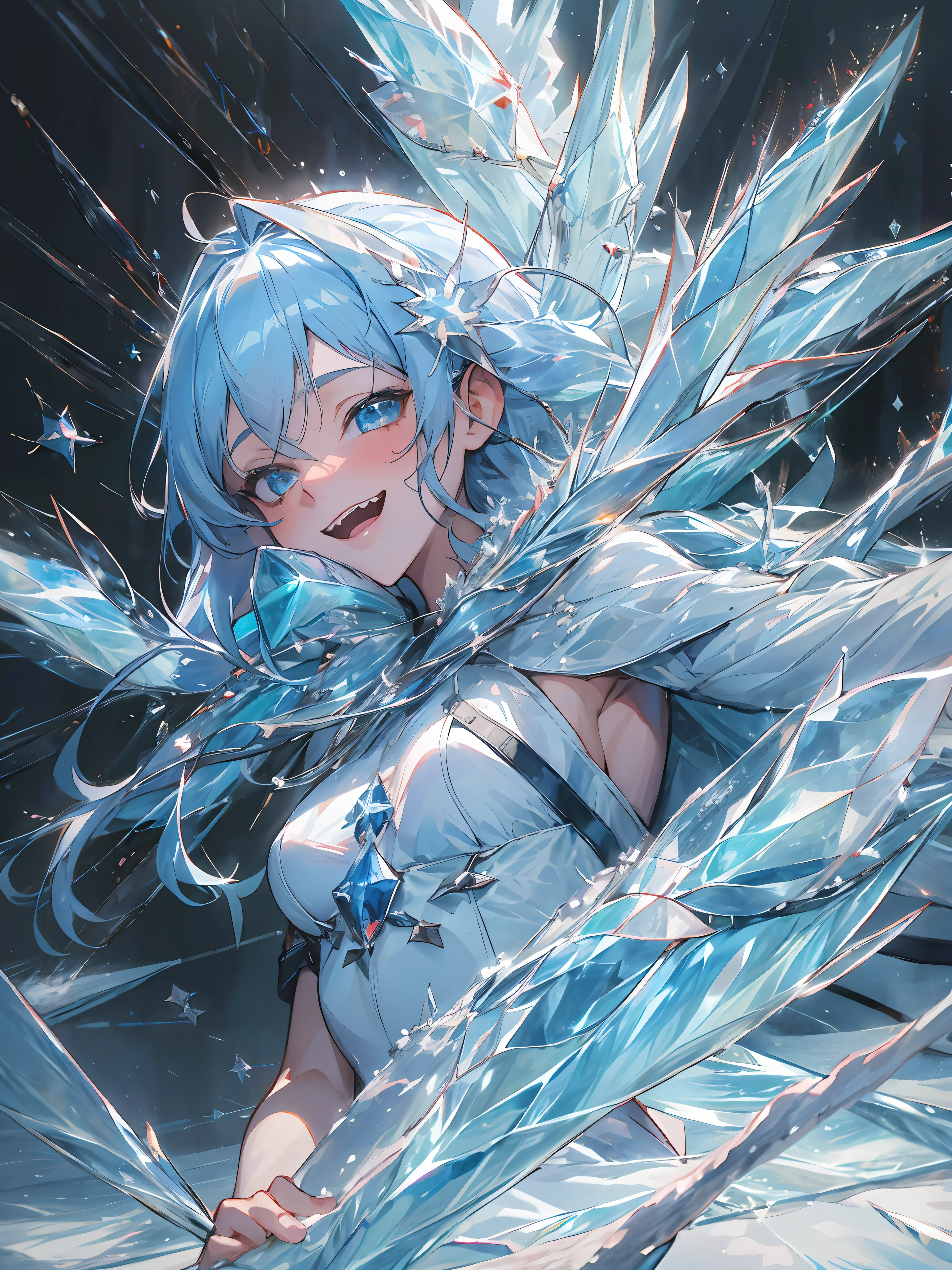 (1girl in, Solo:1.4), masutepiece, Best Quality, ultra-detailliert, hight resolution, the Extremely Detailed CG Unity 8K Wallpapers, Perfect Lighting, Very detailed background, Beautiful and aesthetic,fantasy illustrations,(ice effect:2), (Anime Art:1.5), (portfolio:1.3), Girl Standing on a Vast Snowy Field、lightblue hair、Longhaire、Long bangs、Crystal clear beautiful hair、small tits、Fur coat, Jagged teeth、Tooth bare and smile、Lifelike face、real looking skin、Large amount of ice、Wings of Ice、(snow blowing:1.5)、ice crystal、high-level image quality、zoomout,
