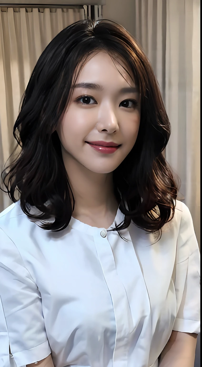 She is a nurse,Wear a clean white nurse's uniform,Stand in a hospital room full of love and care。Her eyes were gentle and firm,And the slightly curly hairstyle adds a bit of kindness and cuteness to her。She has a sweet smile and soft eyes,The slightly raised corners of the mouth reveal the love and care for the patient。