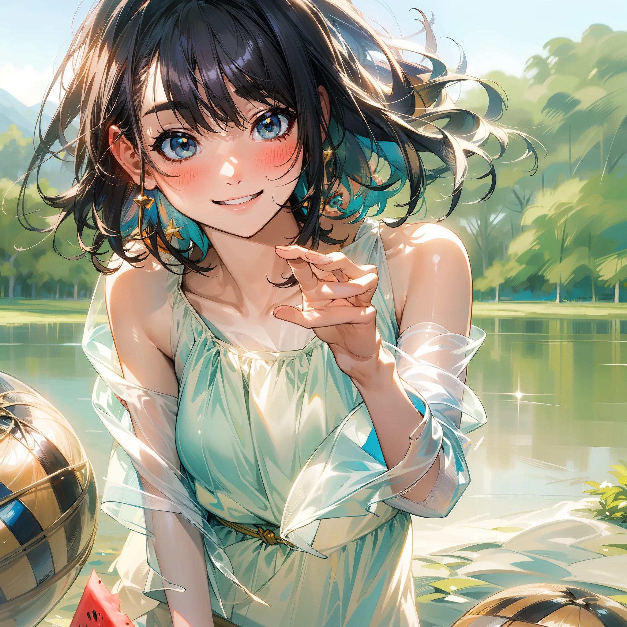 Young woman wearing see-through sleeveless top with sheer skin、Wearing shorts、Standing in the center of the composition、It is an 8K ultra high definition illustration。
Her black hair is in a short bob、In the light of the morning sun、Glowing faintly。Skin see-through tops、through soft skin tones,、It charmingly emphasizes her beautiful body lines。Shorts fluttering in the breeze、Emphasizes her legs。
The morning sun shines on the lakeside、The meadow is blue々And shine in the midst、She is smiling with a bright watermelon slice in her hand。The red flesh of watermelon reflects the sun's rays、Gives the whole illustration a glamorous atmosphere。
Small waves stand on the shore of the lake、Her reflection there seems amazing.。Her smile and light pose are、Symbolizes the liveliness and energy of the morning.、Exhilarating for viewers.。
This illustration is、Depicts a see-through young woman, Transparent costume enjoying in the light of the morning sun.。Her bright smile and cheerful pose、It will bring you vitality and happiness too.。
Here you are、Surrounded by this refreshing morning view and her joy、Feel energized。Morning light and her charming figure、It fills your heart。