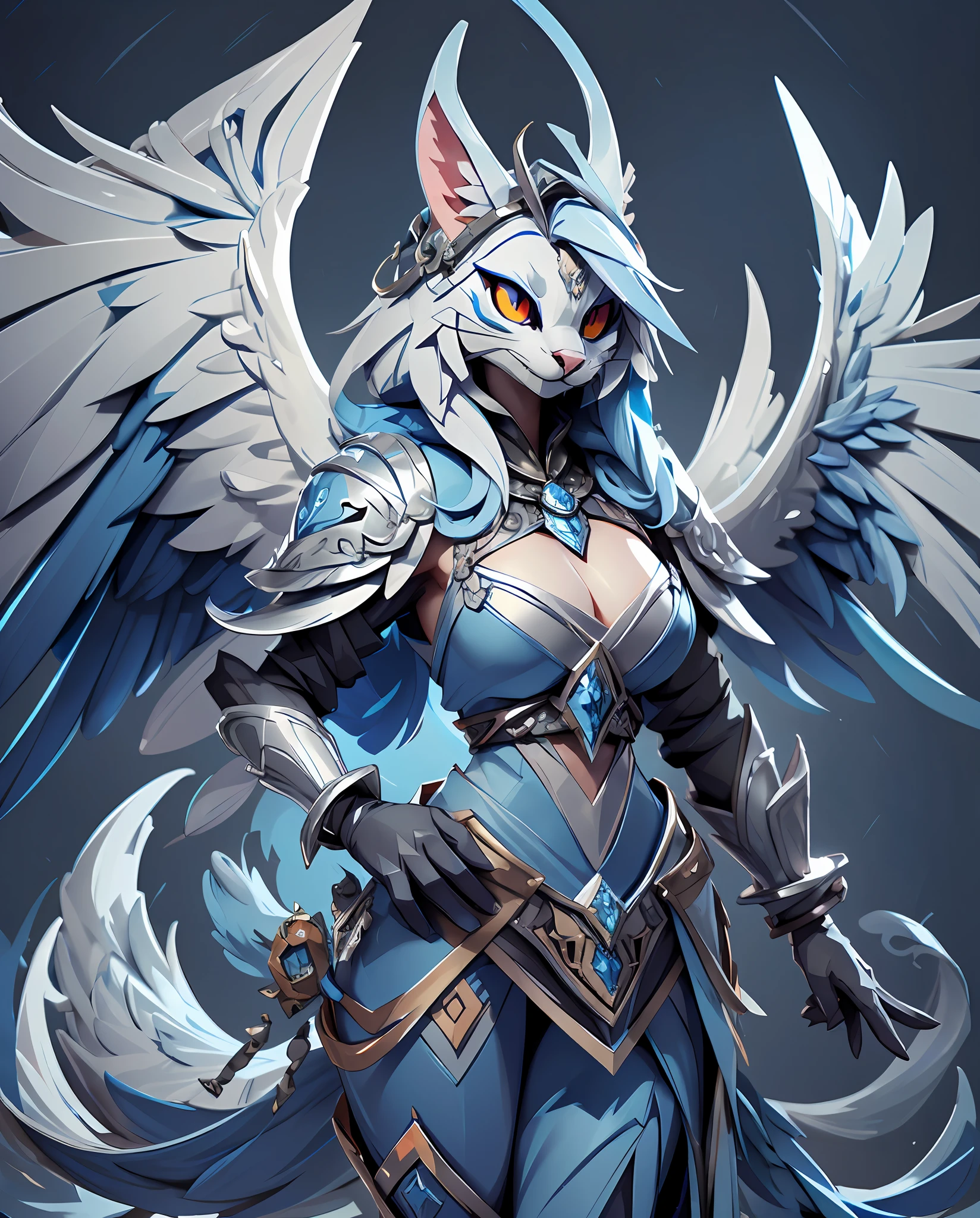 Khajiit, blue fur, crimson eyes, blue feathered mane, blue peach and silver feathered wings and tail, masterpiece, best quality