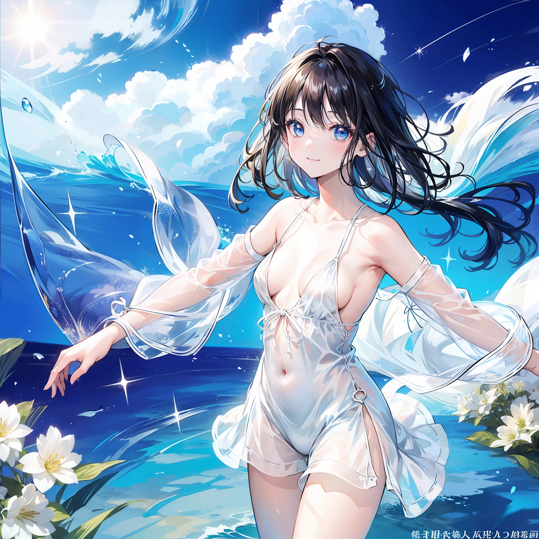 Young woman in see-through micro bikini with transparent skin、Standing in the center of the composition、It is an 8K ultra high definition illustration。

Her black hair is in a short bob、In the light of the morning sun、Glowing faintly。through soft skin tones,、It charmingly emphasizes her beautiful body lines。Shorts fluttering in the breeze、Emphasizes her legs。

The morning sun shines on the lakeside、The meadow is blue々And shine in the midst、She's bright、Gives the whole illustration a glamorous atmosphere。

Small waves stand on the shore of the lake、Her reflection there seems amazing.。Her smile and light pose are、Symbolizes the liveliness and energy of the morning.、Exhilarating for viewers.。

This illustration is、Depicts a see-through young woman, Transparent costume enjoying in the light of the morning sun.。Her bright smile and cheerful pose、It will bring you vitality and happiness too.。

Here you are、Surrounded by this refreshing morning view and her joy、Feel energized。Morning light and her charming figure、It fills your heart。
