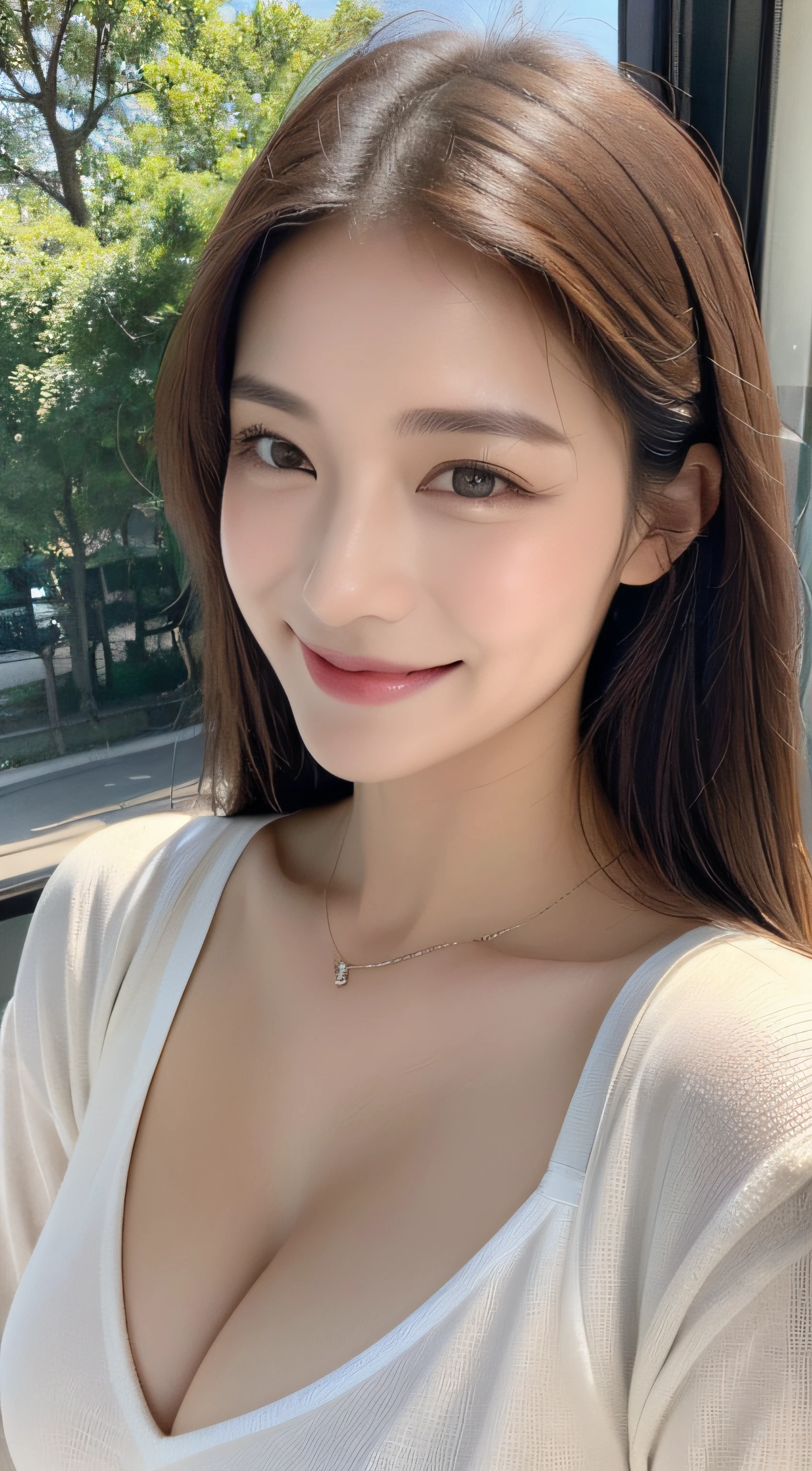 ((Top image quality、in 8K、masterpiece:1.3))、The upper part of the body(1.3)、Excellent style、Gentle face、Parallel eyebrows、A smile、natural make up、Clothing that emphasizes cleavage、During your morning commute、Refreshing、The tree々Cafe from between