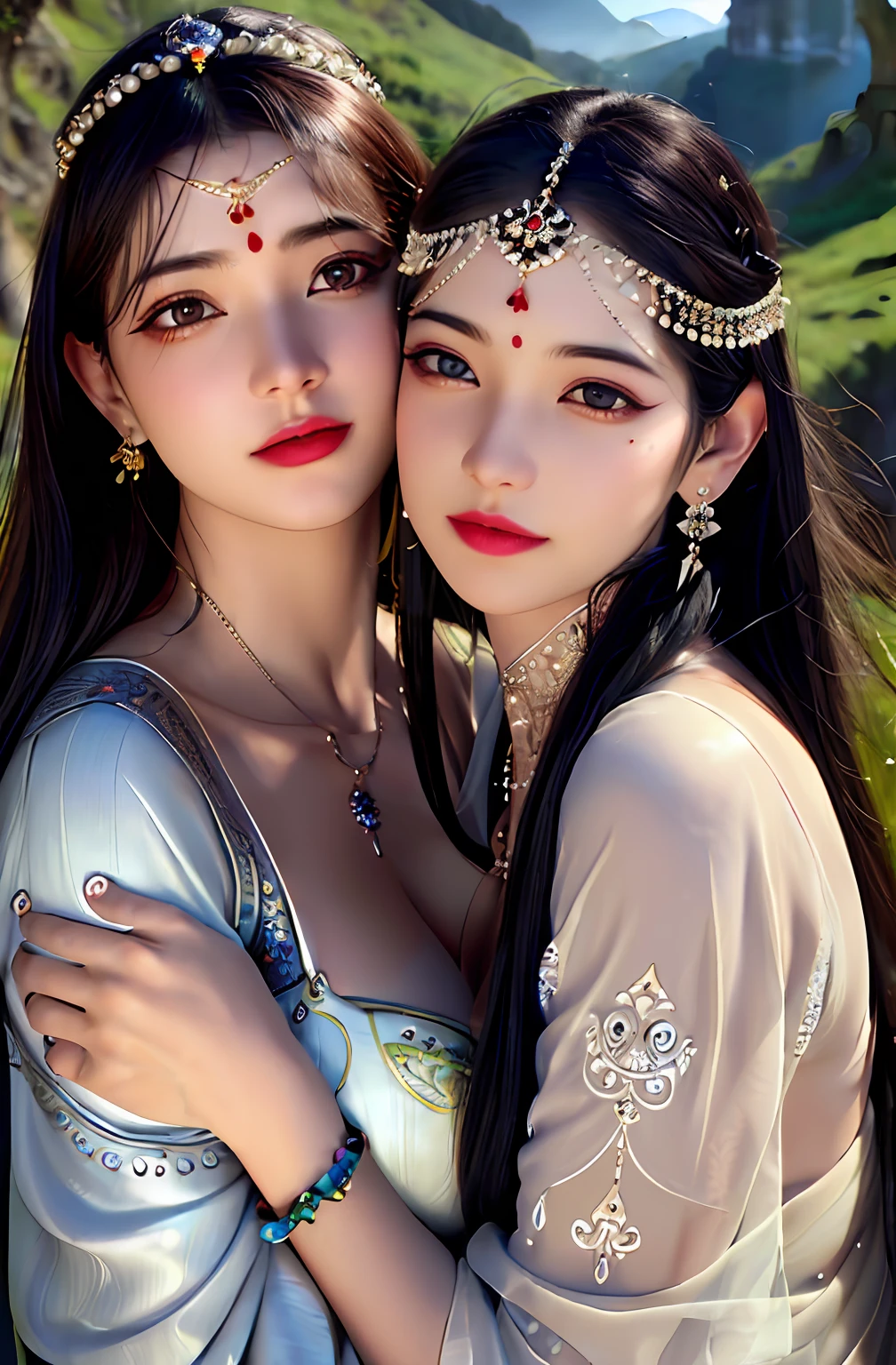 ((realistic:1.5)),((best quality)), ((masterpiece)),((detailed)),2girls,duo,{2 beautiful female}, (upper body:1.3),hugging and touching each other, teasing her friend's waist, gasping friend, biting her friend's ear lobe, squatting,super-wide-angle lens,face focus,long legs,curvy, barefoot, medium breasts, open cleavage,long black hair,floting hair,long eyelashes, (detailed face,beautiful eye, detailed pupilss,detailed clothes features, clear background:1.3), (Bindi,Jhumkas:1.3),mysterious ancient ruin, lush forests, deep canyons,bridge,river,cliff,cloud,lakes,rock,waterfalls, flowers, grass,vine,tree,bright details,sharp,perfect composistion, Intricate, Sharp focus, dramatic,