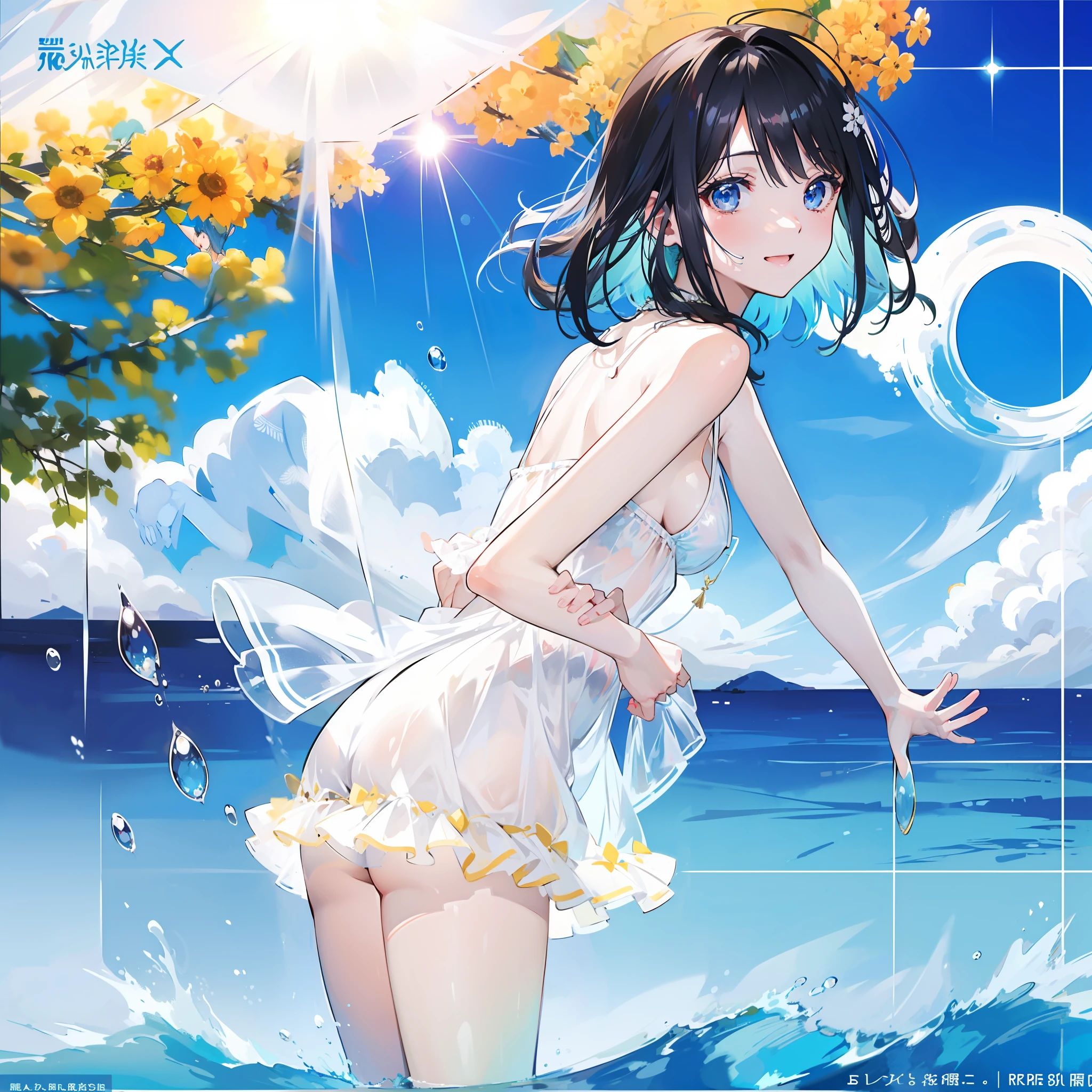 Young woman in see-through micro bikini with transparent skin、Standing in the center of the composition、It is an 8K ultra high definition illustration。
Her black hair is in a short bob、In the light of the morning sun、Glowing faintly。through soft skin tones,、It charmingly emphasizes her beautiful body lines。Shorts fluttering in the breeze、Emphasizes her legs。
The morning sun shines on the lakeside、The meadow is blue々And shine in the midst、She's bright、Gives the whole illustration a glamorous atmosphere。
Small waves stand on the shore of the lake、Her reflection there seems amazing.。Her smile and light pose are、Symbolizes the liveliness and energy of the morning.、Exhilarating for viewers.。
This illustration is、Depicts a see-through young woman, Transparent costume enjoying in the light of the morning sun.。Her bright smile and cheerful pose、It will bring you vitality and happiness too.。
Here you are、Surrounded by this refreshing morning view and her joy、Feel energized。Morning light and her charming figure、It fills your heart。