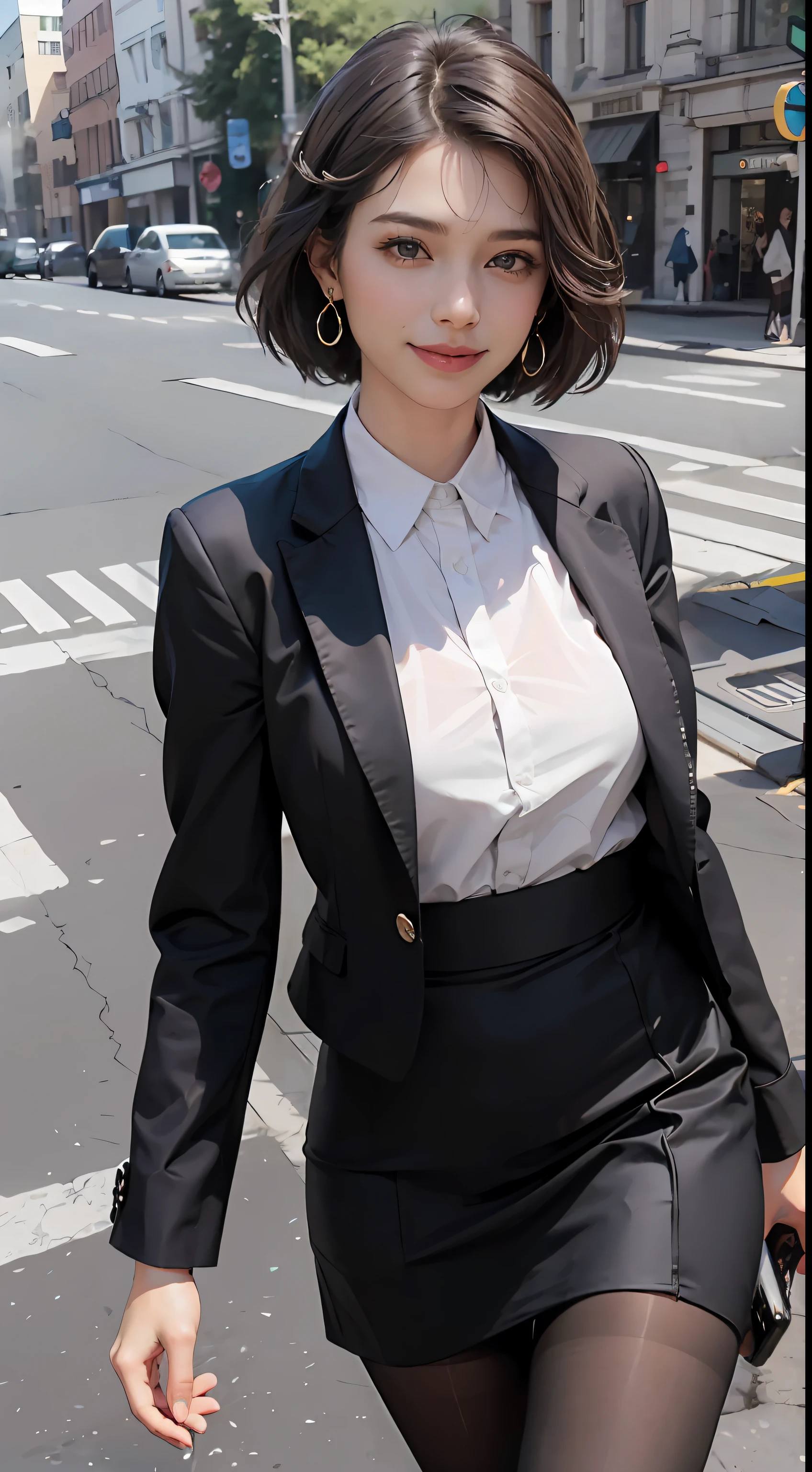 (8K, Best quality, Masterpiece:1.2),
(Realistic, photo-realistic:1.37),
Ultra-detailed,
1 girl, full bodyesbian, Outdoors, (Adjust hair:1.5)
Office Lady, black officeblazer, officeskirt, (Pantyhose:1.2), (short buttoneddownshirt:1.2), buttonedupcollarprim, buttoneddowncollarprim, Bra, (Pantyhose:1.2), alphalayers, high-heels,
Beautiful earrings,
Cute,
Solo,
Beautiful detailed sky,
(Smile:1.15),
(Closed mouth),
Small breasts,
Beautiful detailed eyes,
Business attire,
(Short hair:1.2),
Floating hair NovaFrogStyle,