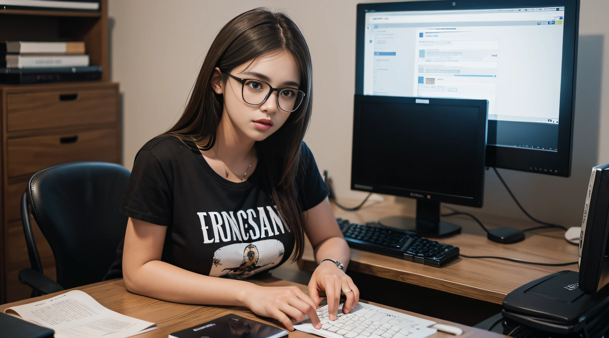 A young woman with brown hair and glasses and dressed in jeans, camiseta branca e jaqueta jeans no lado esquerdo, a computer on the computer screen several realistic full-body codes.