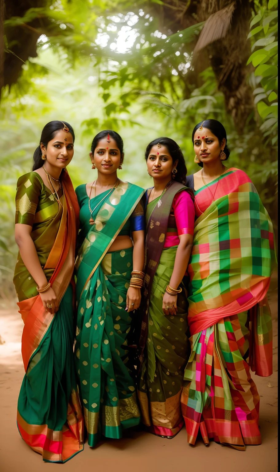 three women in saris standing next to each other in a forest, wearing bihu dress mekhela sador, wearing traditional garb, beautiful women, tribals, blue colored traditional wear, dressed in a sari, traditional clothing, beautiful girls, wearing a sari, traditional clothes, wearing sari, ethnic group, portrait of women, traditional female hairstyles