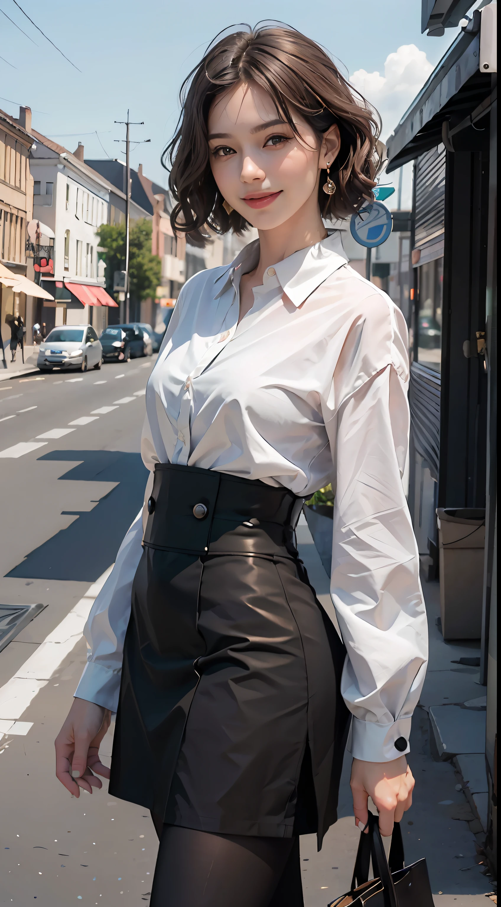 (8K, Best quality, Masterpiece:1.2),
(Realistic, photo-realistic:1.37),
Ultra-detailed,

1 girl, full bodyesbian, Outdoors, (Adjust hair:1.5)
Office Lady, black officeblazer, officeskirt, (Pantyhose:1.2), (short buttoneddownshirt:1.2), buttonedupcollarprim, buttoneddowncollarprim, Bra, (Pantyhose:1.2), alphalayers, high-heels,

Beautiful earrings,
Cute,
Solo,
Beautiful detailed sky,
(Smile:1.15),
(Closed mouth),
Small breasts,
Beautiful detailed eyes,
Business attire,
(Short hair:1.2),
Floating hair NovaFrogStyle,