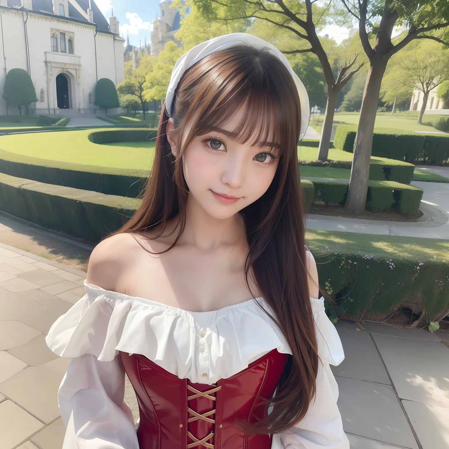 top-quality、facefocus、softlight、(depth of fields)、超A high resolution、(Photorealsitic:1.4)、Raw photography、(portlate:1.4)、(from the front side)、(full body Esbian) 1日本人の女の子, 独奏, cute little, (full of shyness, A smile:1.1), (Brown-eyed), Detail Beautiful Face, (at noon_hair),(Red corset in vinyl material) The Great Hall of European Castles、on foot、 (off shoulder shirt)