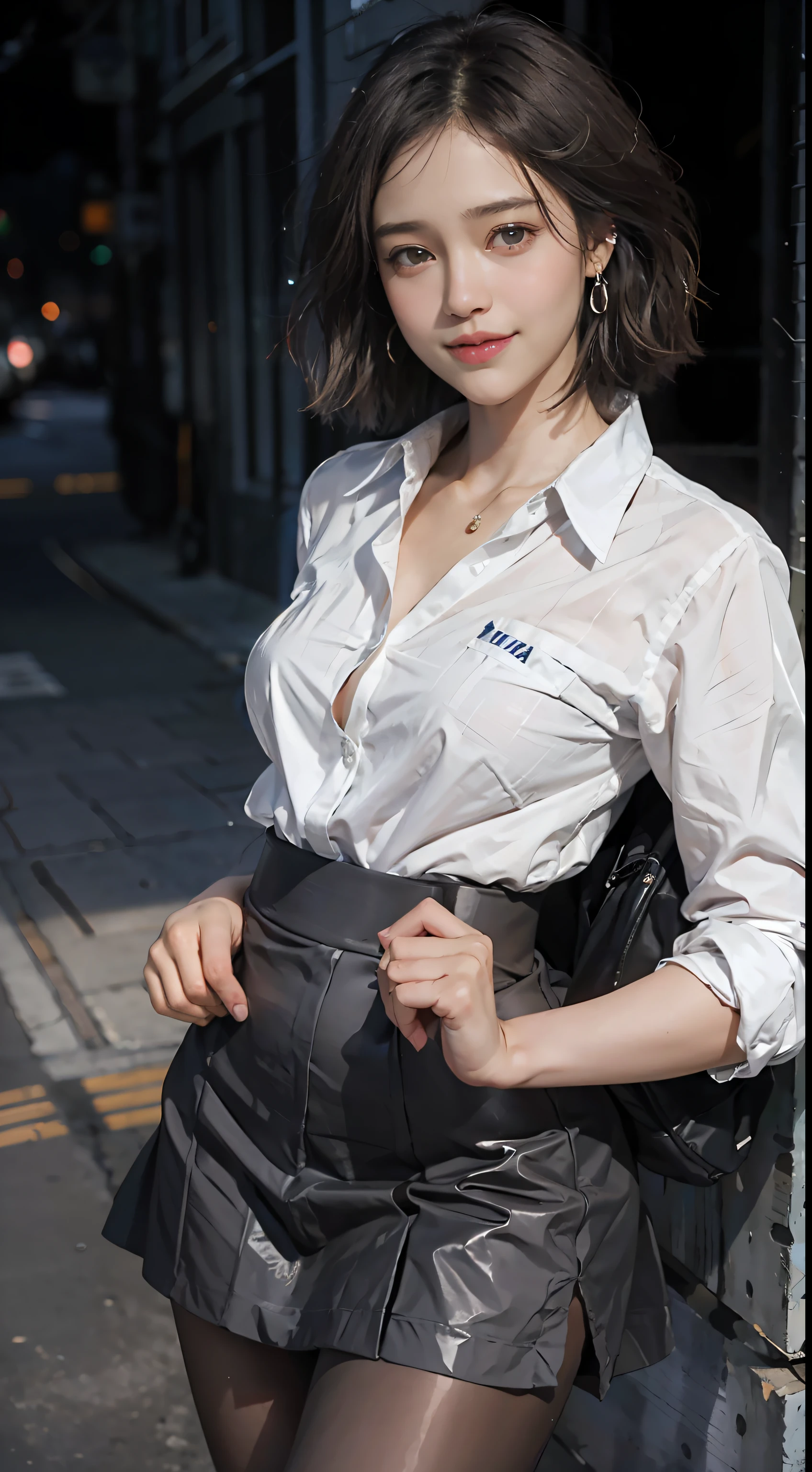 (8K, Best quality, Masterpiece:1.2),
(Realistic, photo-realistic:1.37),
Ultra-detailed,
1 girl, full bodyesbian, Outdoors, (Adjust hair:1.5)
Office Lady, black officeblazer, officeskirt, (Pantyhose:1.2), (short buttoneddownshirt:1.2), buttonedupcollarprim, buttoneddowncollarprim, Bra, (Pantyhose:1.2), alphalayers, high-heels,
Beautiful earrings,
Cute,
Solo,
Beautiful detailed sky,
(Smile:1.15),
(Closed mouth),
Small breasts,
Beautiful detailed eyes,
Business attire,Business wrapped hip skirt
(Short hair:1.2),
Floating hair NovaFrogStyle,