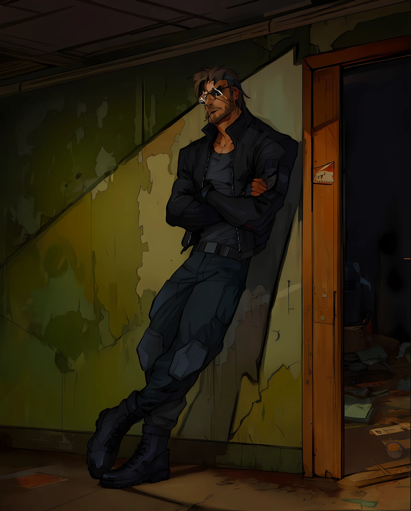 Caricature of a person, leaning against the wall in the room, character art the contra, Shadowrun character art, ЗРК Jetstream от Metal Gear, Cowboy bebop style, Solid Metal Gear Art Style, muscular! ciberpunk, Cyberpunk street thug, Metal Gear Solid аниме ciberpunk, menacing pose, badass pose, Cowboy Anime Bebop Style, dominant posture, от Metal Gear