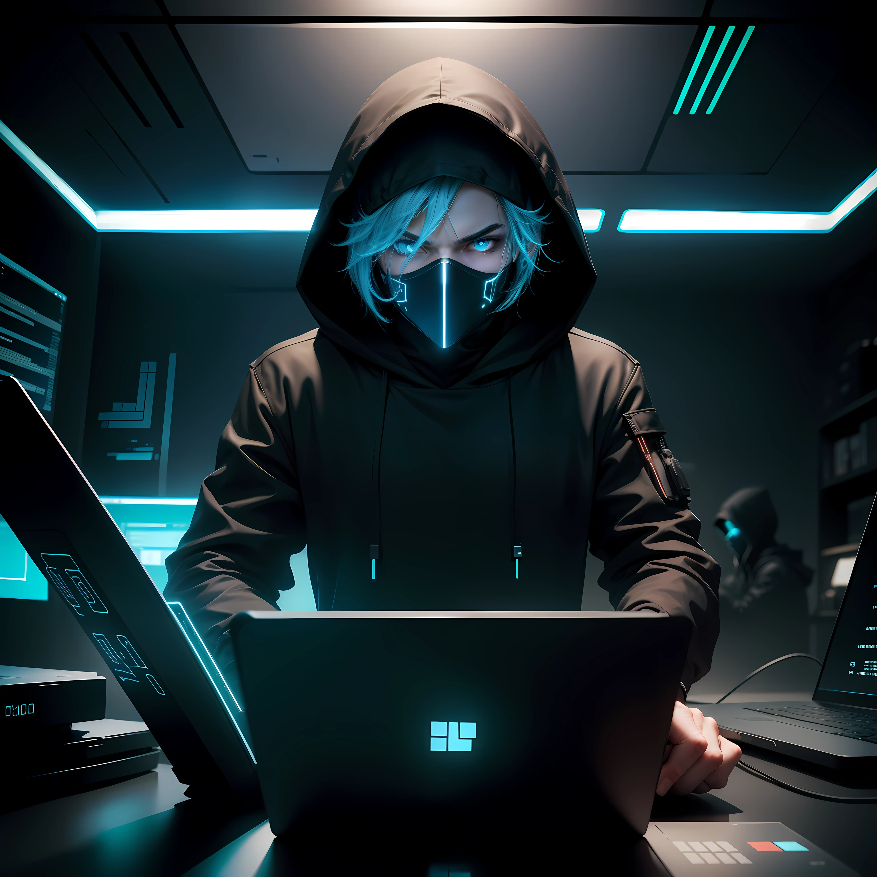 Create an attention-grabbing image of a male hacker in a black hoodie, sitting in front of a laptop, fully immersed in live hacking activities. The scene should be set against a striking green background that conveys a sense of high-tech and digital ambiance. The hacker's face should remain obscured, adding an air of mystery and intrigue to the character. Use glowing lines of code, binary digits, or circuit-like patterns surrounding the hacker and laptop to symbolize the cutting-edge nature of his skills. Ensure the male character exudes a captivating, futuristic feel, aligning perfectly with the theme of live hacking and cybersecurity. The overall design should convey a sense of expertise and intensity, making it an impressive addition to your portfolio logo