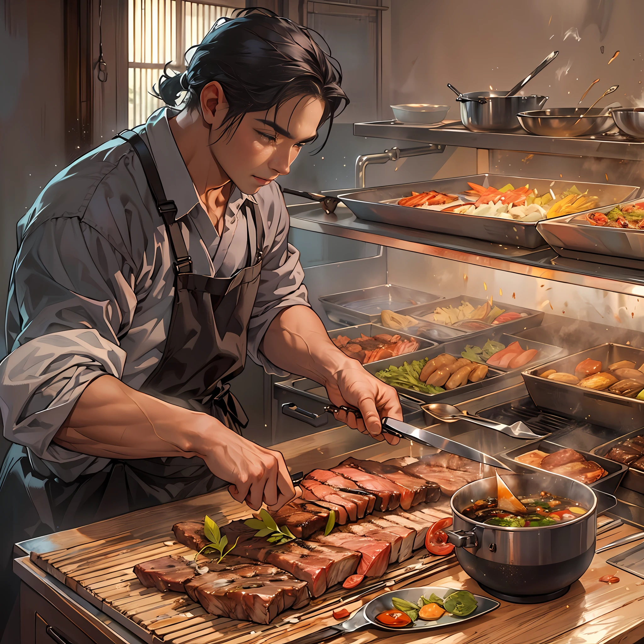 A man holding a sharp knife, cutting the beef into thin slices as thin as one millimeter, and neatly laying them on the bottom of the pot, with a tempting aroma in the air, like the scent of Japanese charcoal-grilled Wagyu beef, but with a twist. ,in the style of the stars art group xing xing, 32k, best quality, masterpiece, super detail, high details