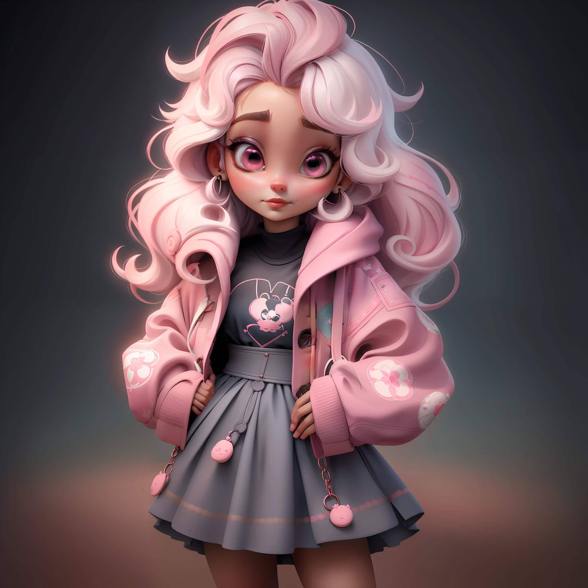 1menina, cabelo longo, sardas, olhos azuis, brincos, joias, solo, saia rosa, olhando para o espectador, cabelo rosa, cabelo muito longo, jaqueta, (roupa casual) ornamento de cabelo estrela, traje rosa, fundo simples, ((disney style))