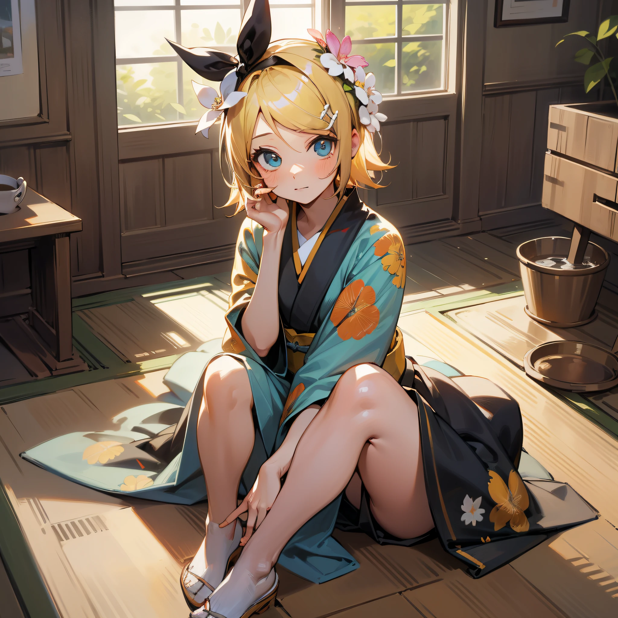 masterpiece, best quality, absurdres, perfect anatomy, 1girl, solo, Kagamine Rin, short hair, hair ribbon, indoors, kimono, hair flower, floral print, wariza, sitting, hands on own knees
