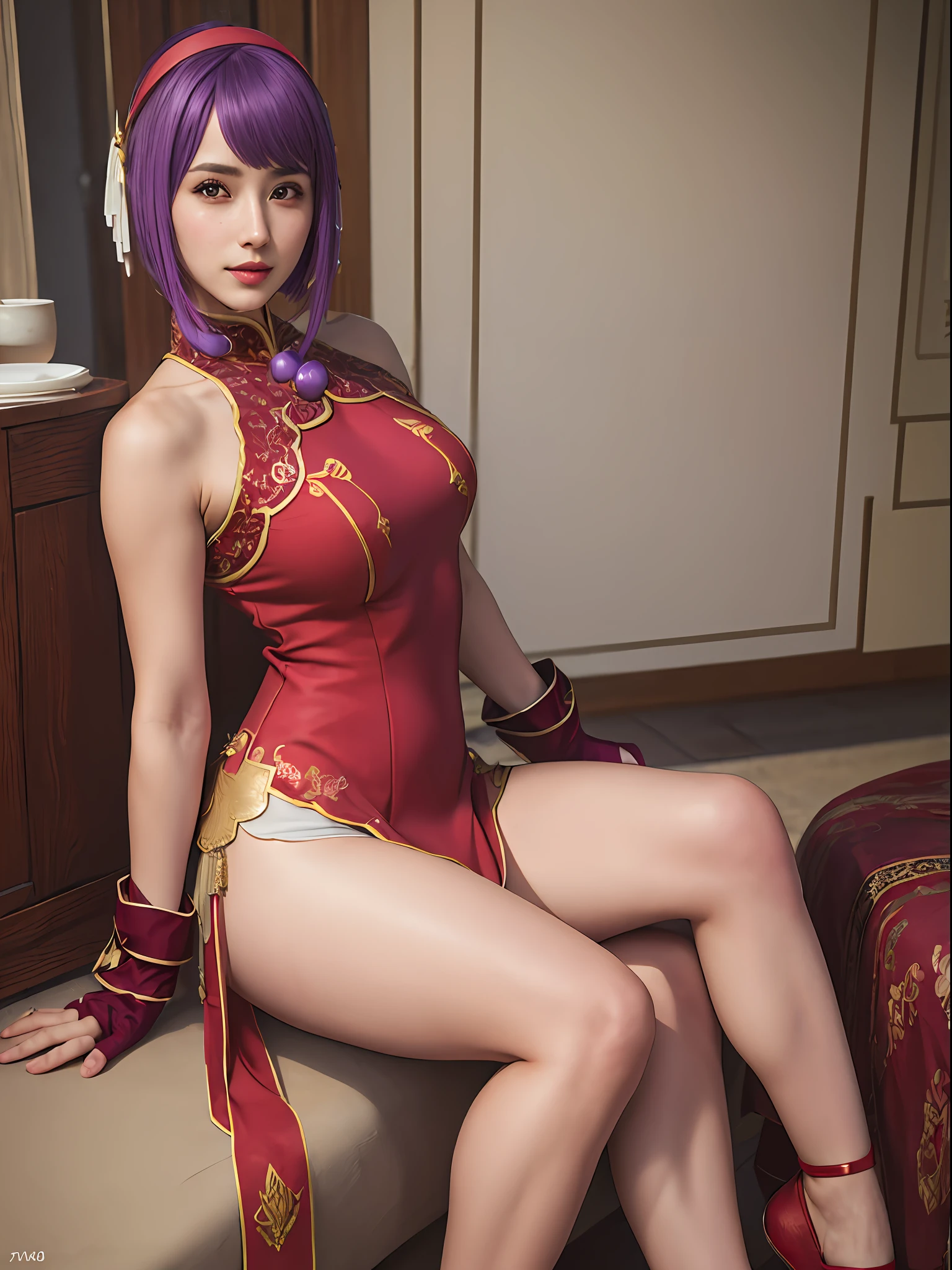 (masterpiece, best quality:1.4), (full body), (wide shot), 1girl, solo, stunning girlfriend, (sitting:1), 1girl, solo, purple hair, athenams, hairband, chinese clothes, red dress, gloves, hair ornament , bare shoulders, heart shaped face, elegant face, beautiful face, highly detailed face, highly detailed skin, skin pores, subsurface scattering, realistic pupils, medium breast, erotic smile, detailed background, depth of field, volumetric lighting, sharp focus, absurdres, realistic proportions, good anatomy, (realistic, hyperrealistic:1.4), 16k hdr,