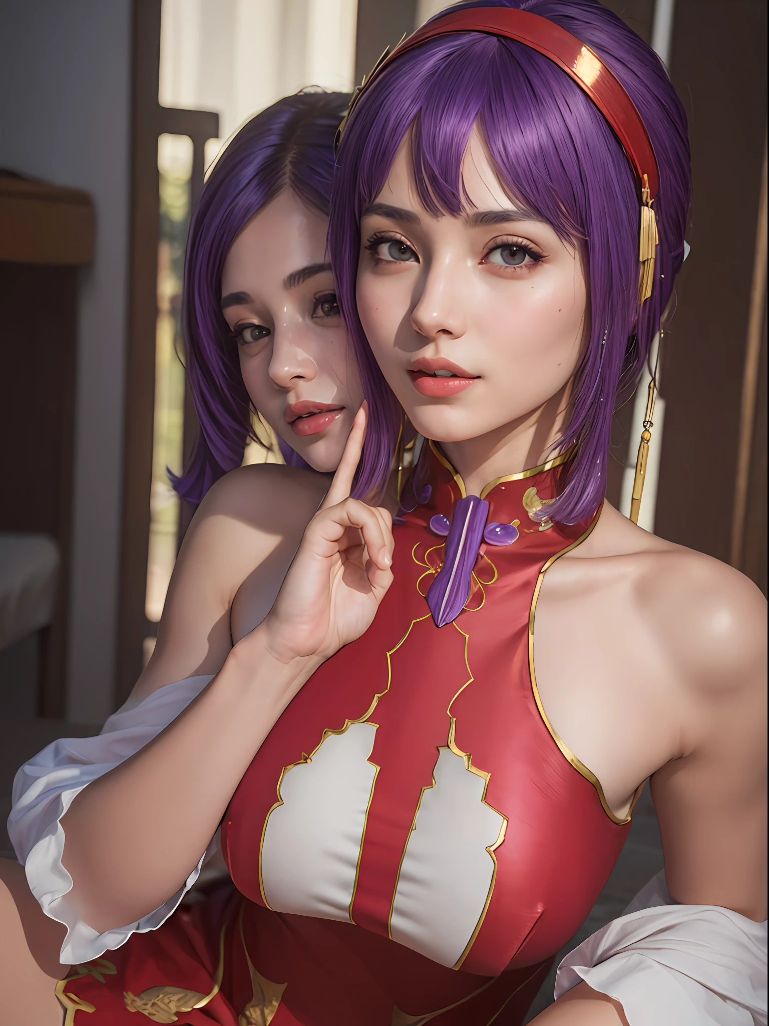 (masterpiece, best quality:1.4), (full body), (wide shot), 1girl, solo, stunning girlfriend, (sitting:1), 1girl, solo, purple hair, athenams, hairband, chinese clothes, red dress, gloves, hair ornament , bare shoulders, heart shaped face, elegant face, beautiful face, highly detailed face, highly detailed skin, skin pores, subsurface scattering, realistic pupils, medium breast, erotic smile, detailed background, depth of field, volumetric lighting, sharp focus, absurdres, realistic proportions, good anatomy, (realistic, hyperrealistic:1.4), 16k hdr,