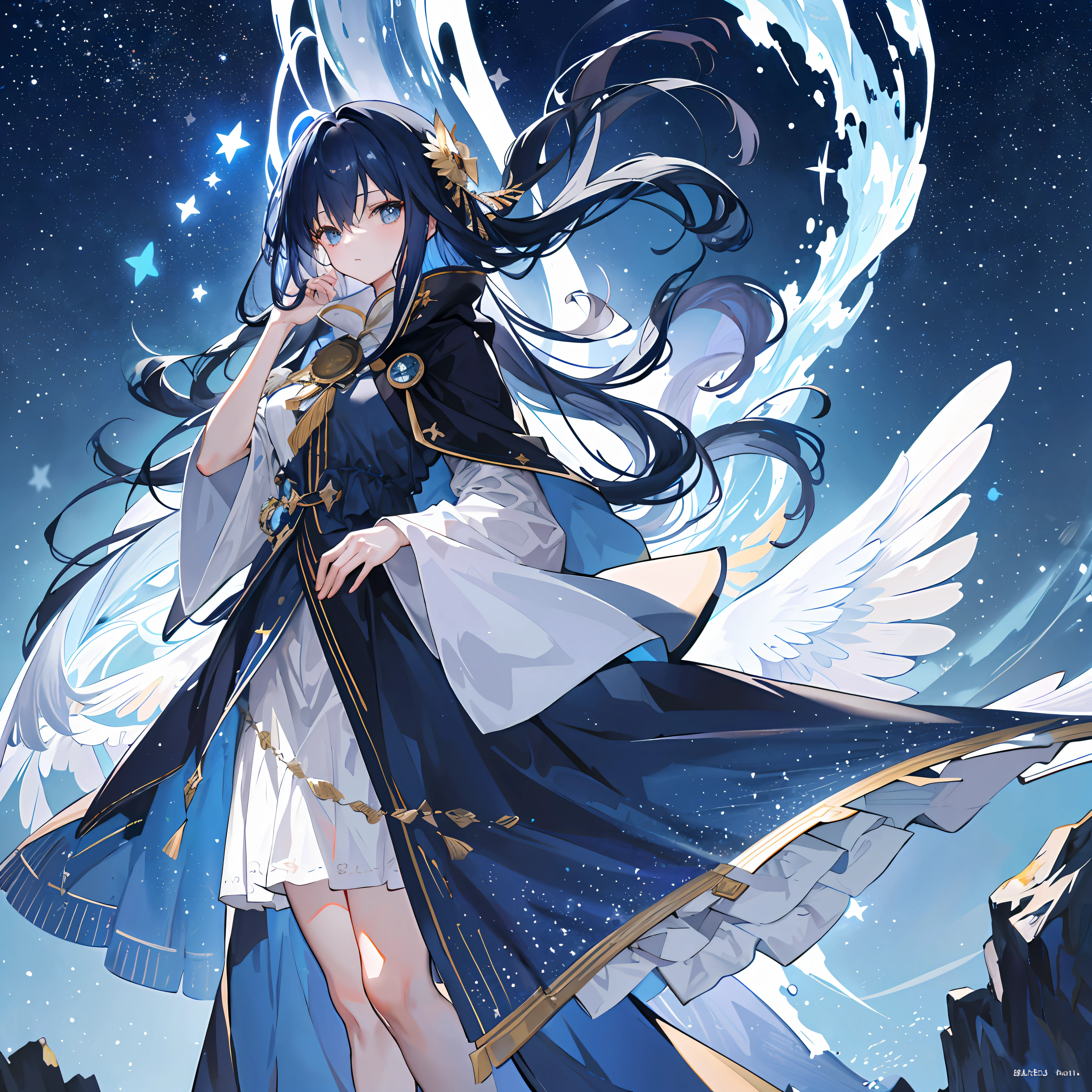 ((ultra - detailed)),((illustration)),((tmasterpiece)),(((Need))),((美丽细致的眼睛)),(the Extremely Detailed CG Unity 8K Wallpapers,best qualtiy,tmasterpiece),((4K,tmasterpiece,best qualtiy)),Slightly mature girl standing alone in the galaxy,Long dark blue hair,long whitr hair,The inside is navy blue,The outer side is dark blue,Long hair and waist,Dark blue feather dress dress,Dark blue cape shawl,Under the cloak are the stars,A sky full of stars,In the universe,Star eyes,Quiet,gyuru,There are many huge dark blue butterflies dotted with stars around,The river of stars surged under your feet,Whole body diagram,blacksilk,long skirt,Poor milk,Dark blue boots,Star hair ornaments,The mirror shattered into wings
