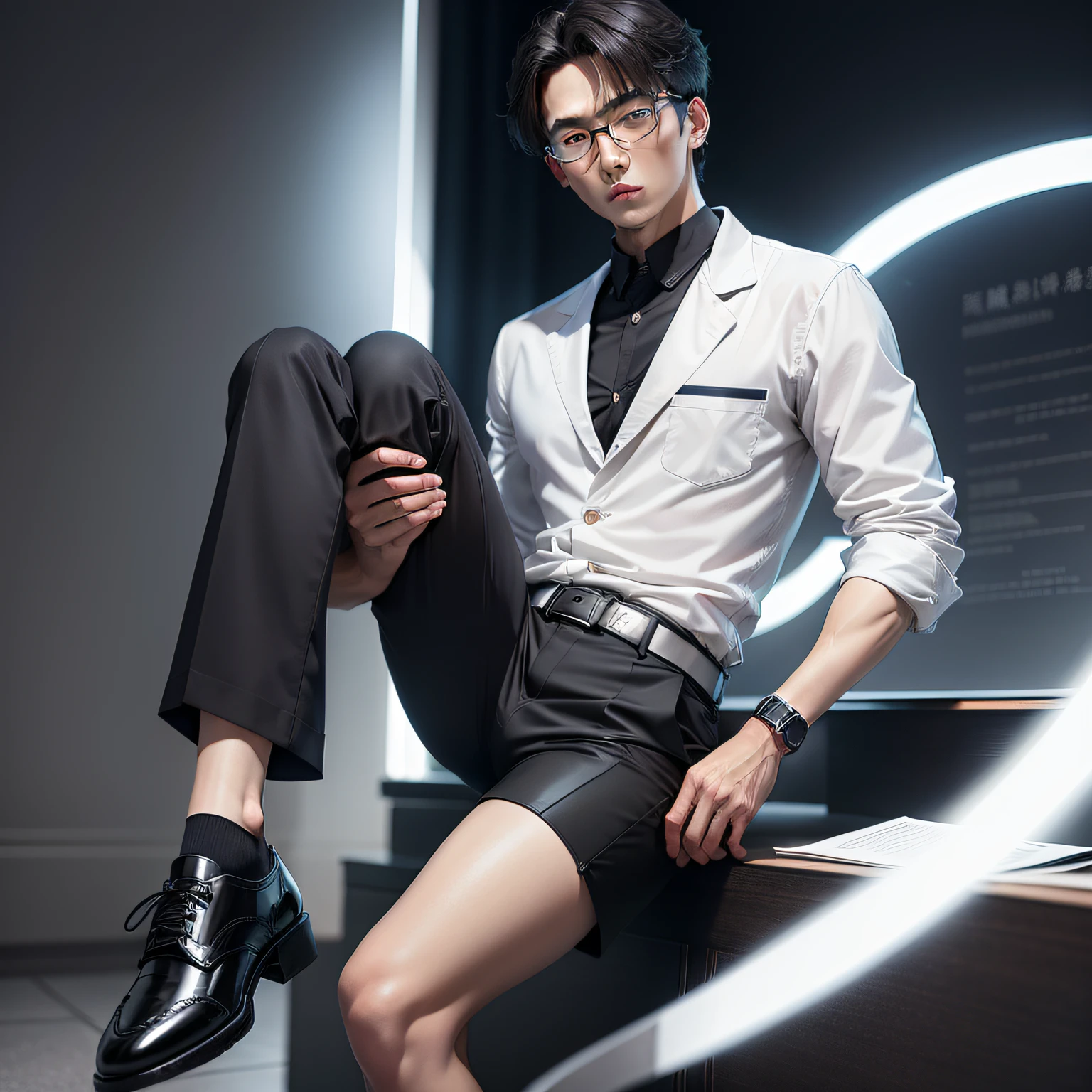 Ke scholar name: male white shirt，Black shorts，Black shoes，Adults like doctors。(Embed:professor,knowledge，The scholar)
