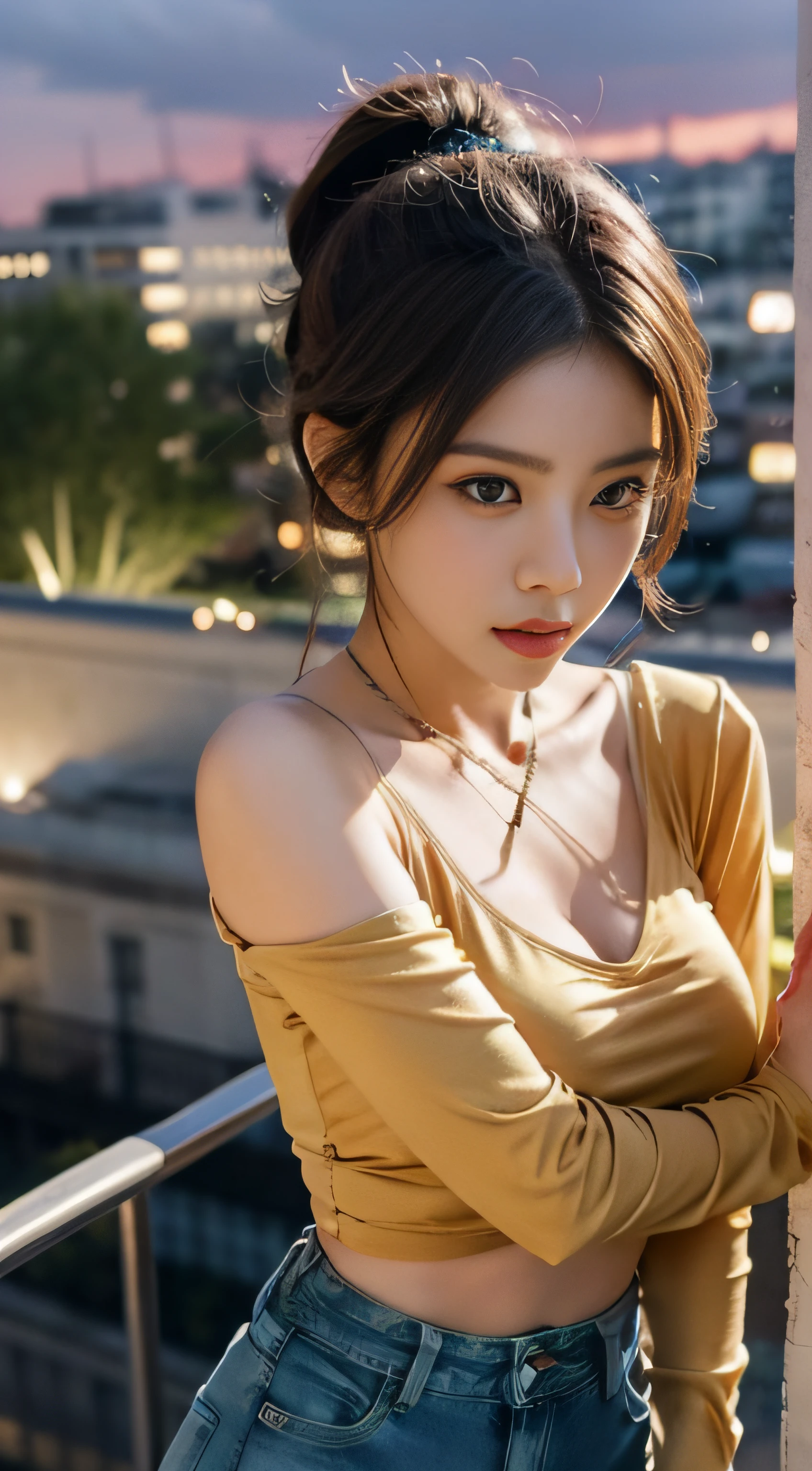 A Chinese woman on the rooftop of a tall building at night, com cabelos macios, rosto delicado, Realistic, real, esguio, grande abertura, fotos sensuais, poses atraentes, Modelo do Instagram, vestindo jeans preto e top cinza claro, tight jeans, long pants, camisa cropped | | |, umbigo aberto, mangas curtas, camisa cinza claro, camisa apertada, black jeans, tampo cinza claro,