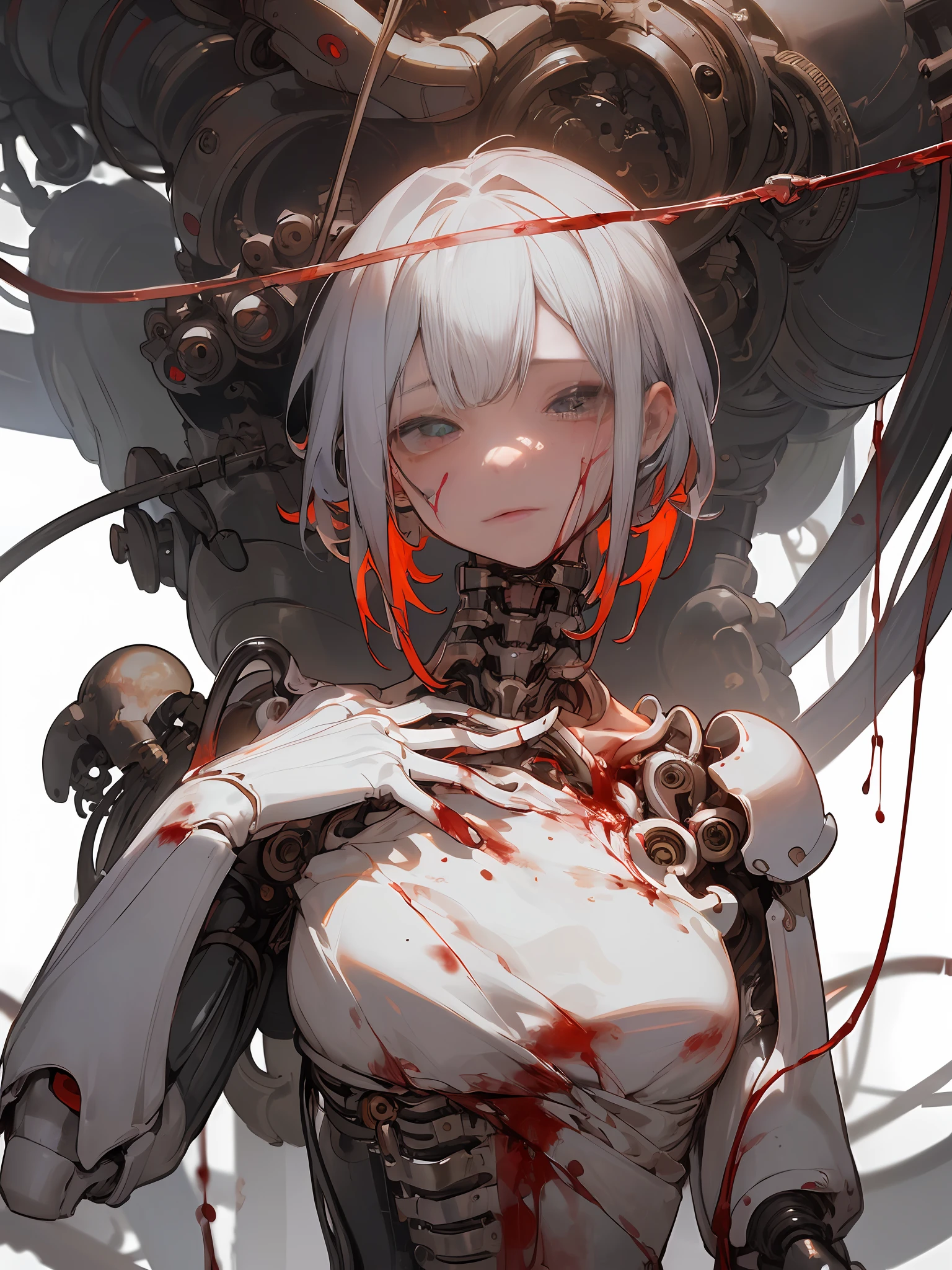 (masterpiece、top-quality、top-quality、Official Art、Beautiful and indulgent:1.2)、(1girl in:1.3)、ighly detailed、colourfull、highestdetailed ((ultra-detailliert))、(Highly detailed CG illustrations)、((extremely delicate and beautiful))、(Since a while ago)、ciinematic light、((1 Mechanical Girl))、独奏、full bodyesbian、(Mechanical joint:1.2)、((machanical limbs))、(blood vessels connected to tubes)、 (Mechanical vertebrae attached to the back)、((Mechanical cervical vertebrae attached to neck))、deadpan、(Wires and cables attached to the neck:1.2)、(Head wires and cables:1.2)(Character Focus)、Science fiction、White background、(blood:1.5)