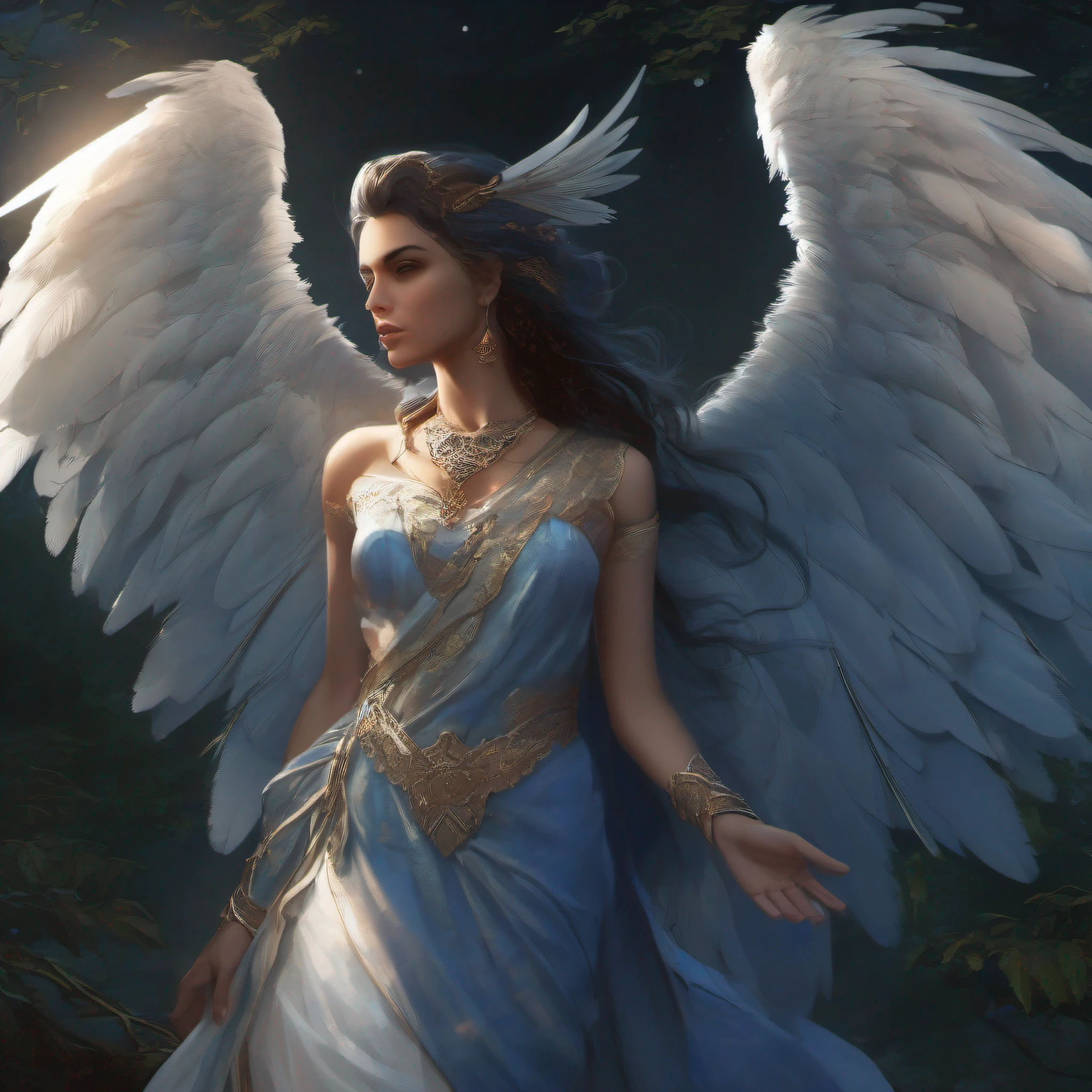 ((best quality)), ((masterpiece)), (detailed), woman standing before Moon in the Forest, (((dark night,nightgown, night))),((fate/stay night, ))((back lit, dark mood, blue tone)) (Artstation contest winner:1.1), (fantasy art:1.3), (portrait armored saree  girl:1.2),(((Long feathered wings)))(Peter Mohrbacher:1.1), (unreal engine:1.1), , spiked metal armor, (dynamic composition:1.3), (8k resolution:1.2) , indian women wareing saree,