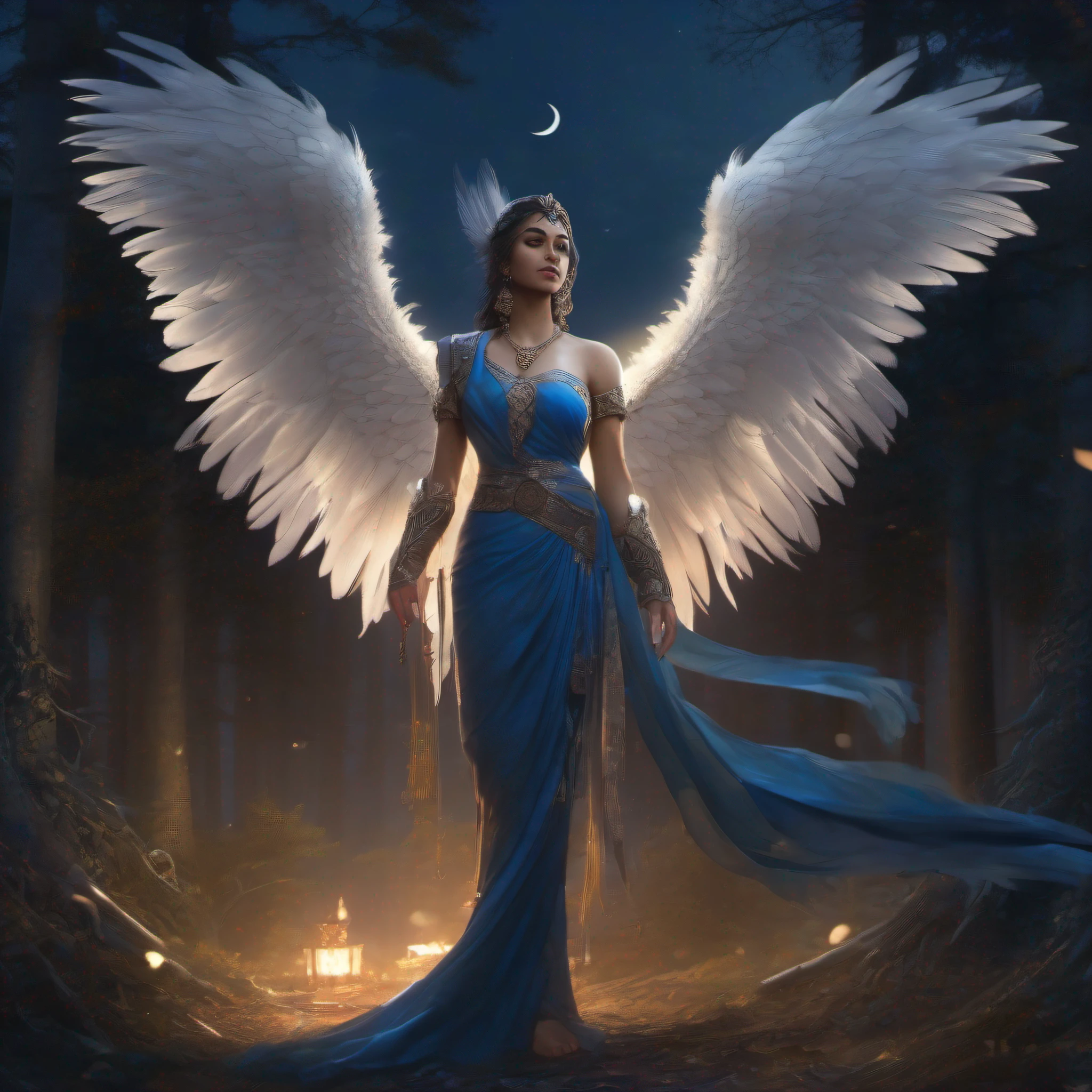 ((best quality)), ((masterpiece)), (detailed), woman standing before Moon in the Forest, (((dark night,nightgown, night))),((fate/stay night, ))((back lit, dark mood, blue tone)) (Artstation contest winner:1.1), (fantasy art:1.3), (portrait armored saree girl:1.2),(((Long feathered wings)))(Peter Mohrbacher:1.1), (unreal engine:1.1), , spiked metal armor, (dynamic composition:1.3), (8k resolution:1.2) , indian women wareing saree,