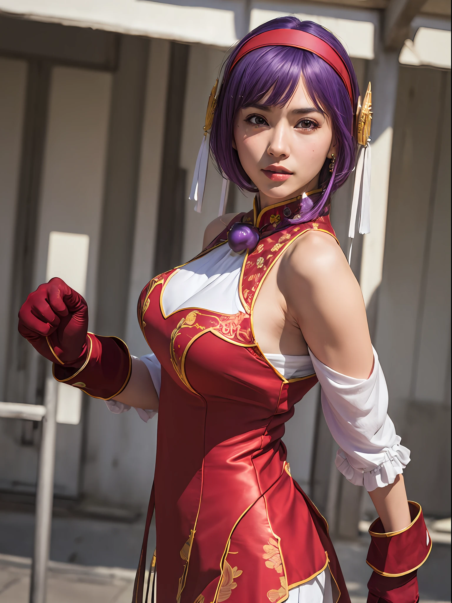 (masterpiece, best quality:1.4), (modern days), (wide shot), 1girl, solo, purple hair, stunning girlfriend, (standing:1.1), 1girl, solo, athenams, hairband, chinese clothes, red dress, gloves, hair ornament , bare shoulders, detailed background, depth of field, atmospheric perspective, volumetric lighting, sharp focus, absurdres, realistic proportions, good anatomy, (realistic, hyperrealistic:1.4), 16k hdr,