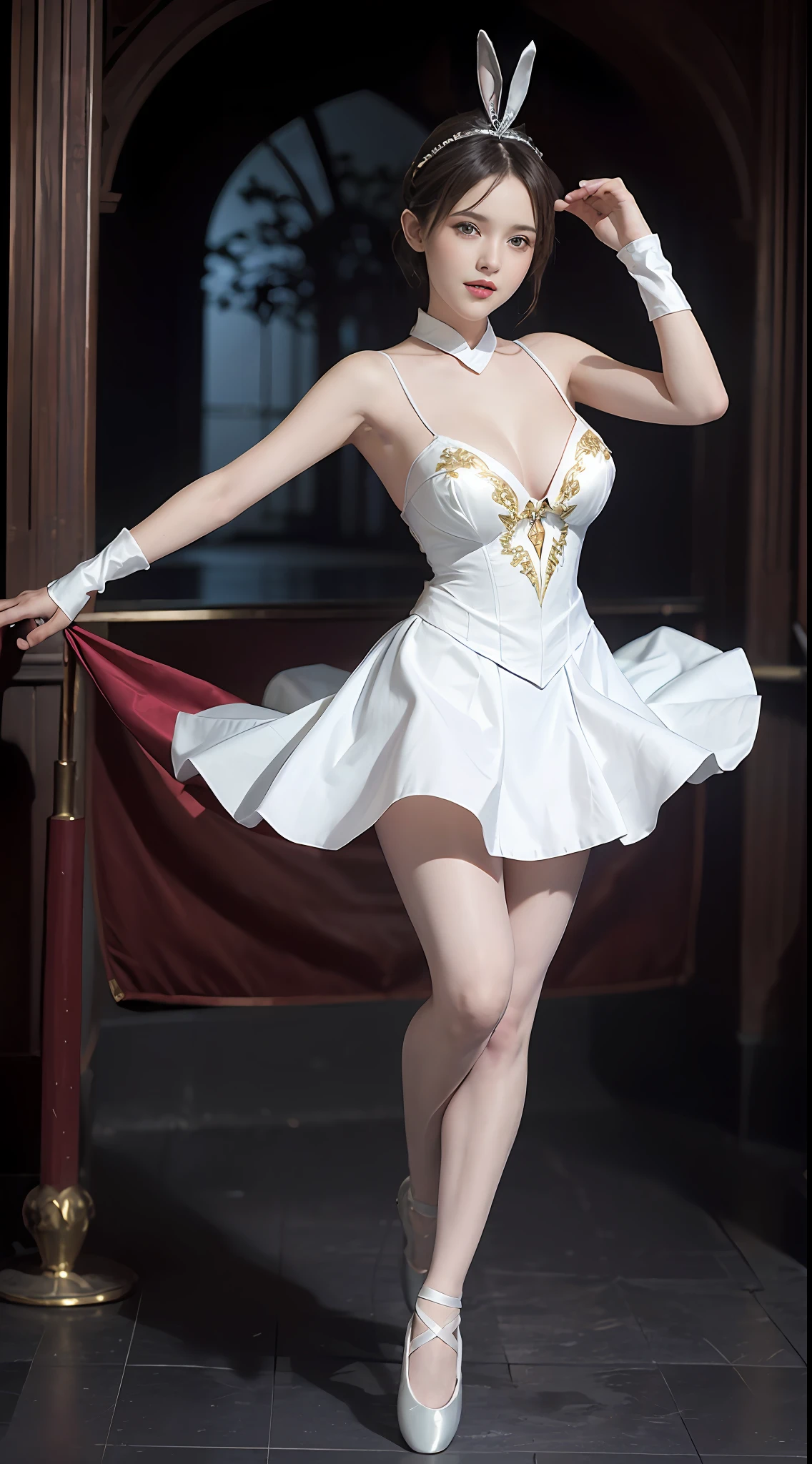 Surrealist women by David Hockney and Alphonse Mucha,Fantasyart,photographrealistic,动态照明,art stations,poster for,Volumetriclighting,Tall beauty,body high,Very detailed faces,4 k'',1girll,Stage,low tune,facial closeups,(White ballet costume,Bunny Girl tiara,Very short skirt。cleavage:1.4), bob hair,Redlip,ssmile,low chest,deep v big breasts,huge tit,Raised sexy,Bigchest,Large breasts,Breast swelling,Raised chest,blackstockings,Breasts are plump,crisp breasts,A plump chest,the breasts are large,Seductive expressions,Wear earrings,wearing a choker,Wear a bracelet,The stands up,standing on your feet,long leges,blackstockings,Wet all over,Moisturizes the whole body,huge tit,Red lips,stocklings,gigantic cleavage breasts,black lence stockings,slenderlegs,Hot dance,ballet dance,full bodyesbian,beautifullegs,Dance,gracefulness,soft,softness,Noble,Rich