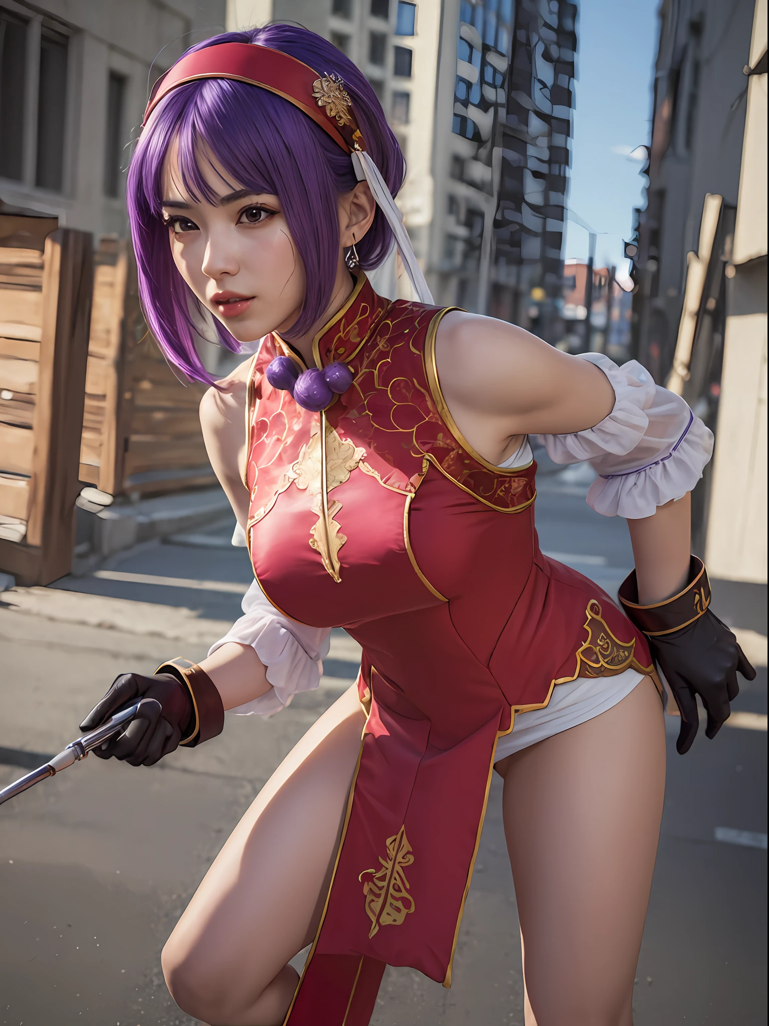 (masterpiece, best quality:1.4), (modern days), (wide shot), 1girl, solo, purple hair, stunning girlfriend, (standing:1.1), 1girl, solo, athenams, hairband, chinese clothes, red dress, gloves, hair ornament , bare shoulders, detailed background, depth of field, atmospheric perspective, volumetric lighting, sharp focus, absurdres, realistic proportions, good anatomy, (realistic, hyperrealistic:1.4), 16k hdr,