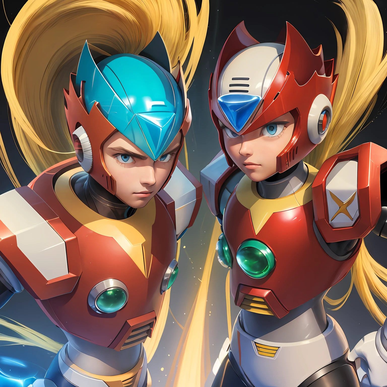 zero_Megamanx, corpo todo, olhos azuis, blonde hair, rabo-de-cavalo, cabelos longos, capacete, android, Foco masculino, dois peitos verdes, retrato, master part, alta qualidade,traje detalhado