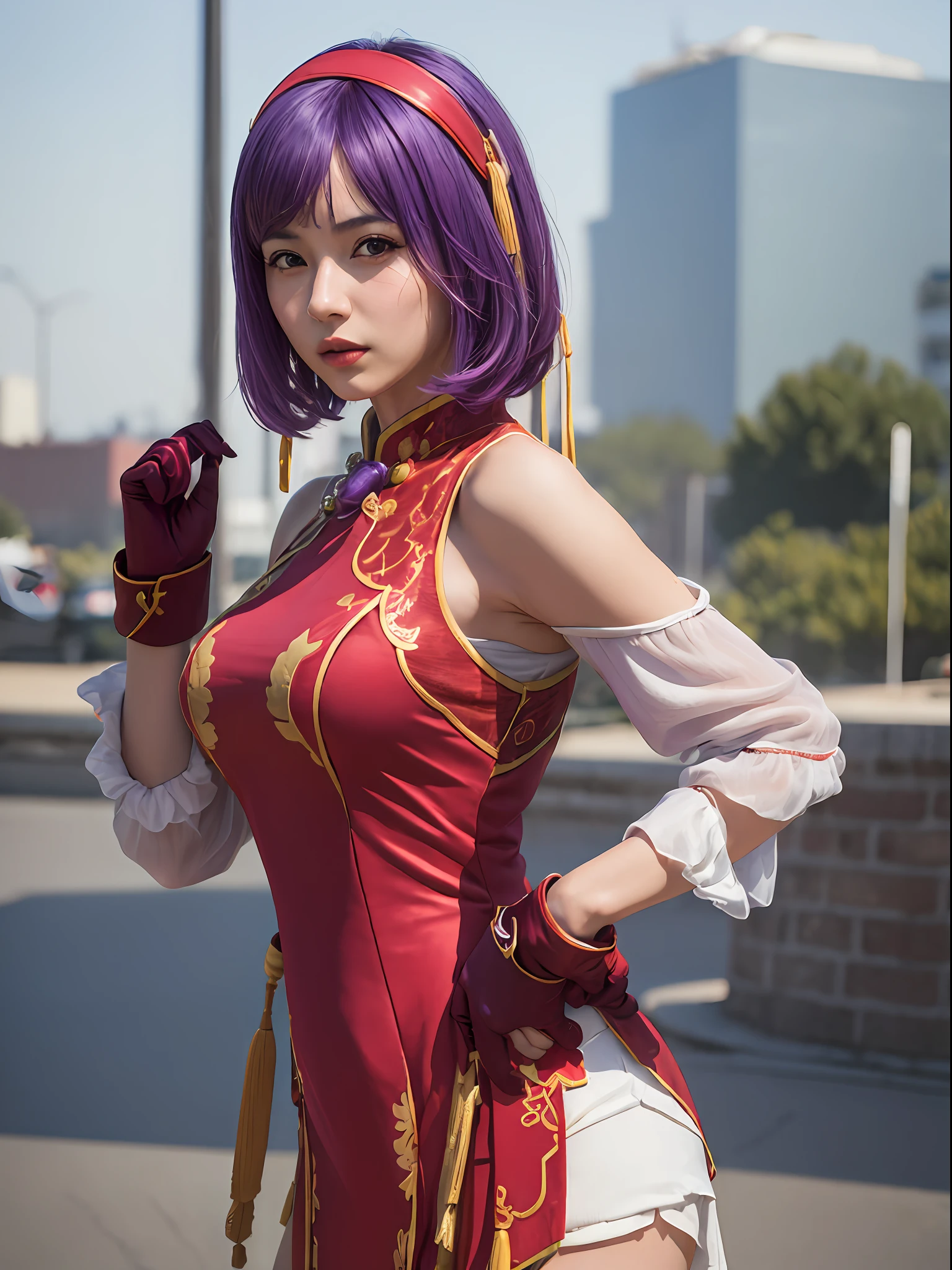 (masterpiece, best quality:1.4), (modern days), (wide shot), 1girl, solo, purple hair, stunning girlfriend, (standing:1.1), 1girl, solo, athenams, hairband, chinese clothes, red dress, gloves, hair ornament , bare shoulders, detailed background, depth of field, atmospheric perspective, volumetric lighting, sharp focus, absurdres, realistic proportions, good anatomy, (realistic, hyperrealistic:1.4), 16k hdr,