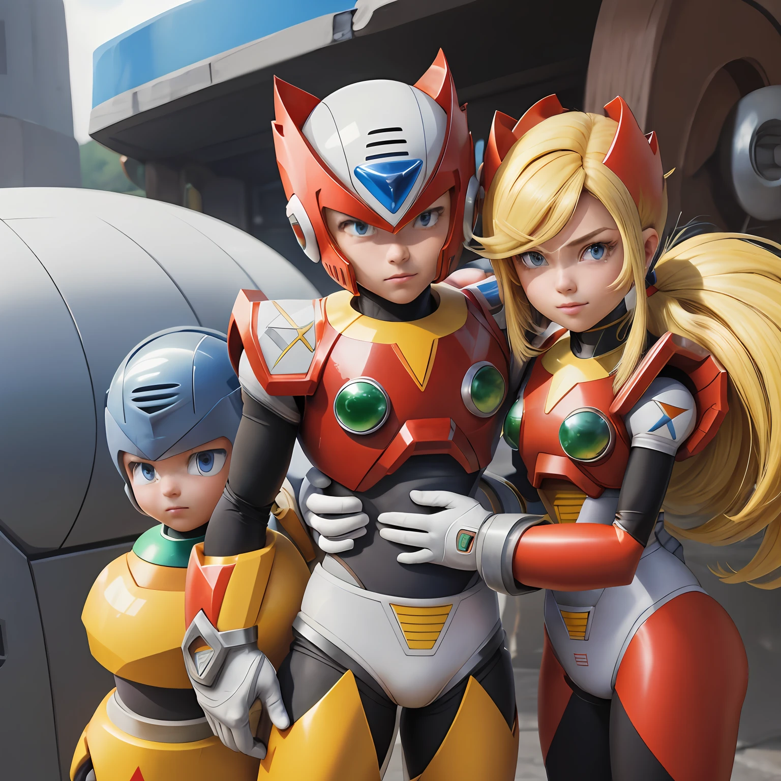 zero_Megamanx, corpo todo, olhos azuis, blonde hair, rabo-de-cavalo, cabelos longos, capacete, android, Foco masculino, dois peitos verdes, retrato, master part, alta qualidade,traje detalhado