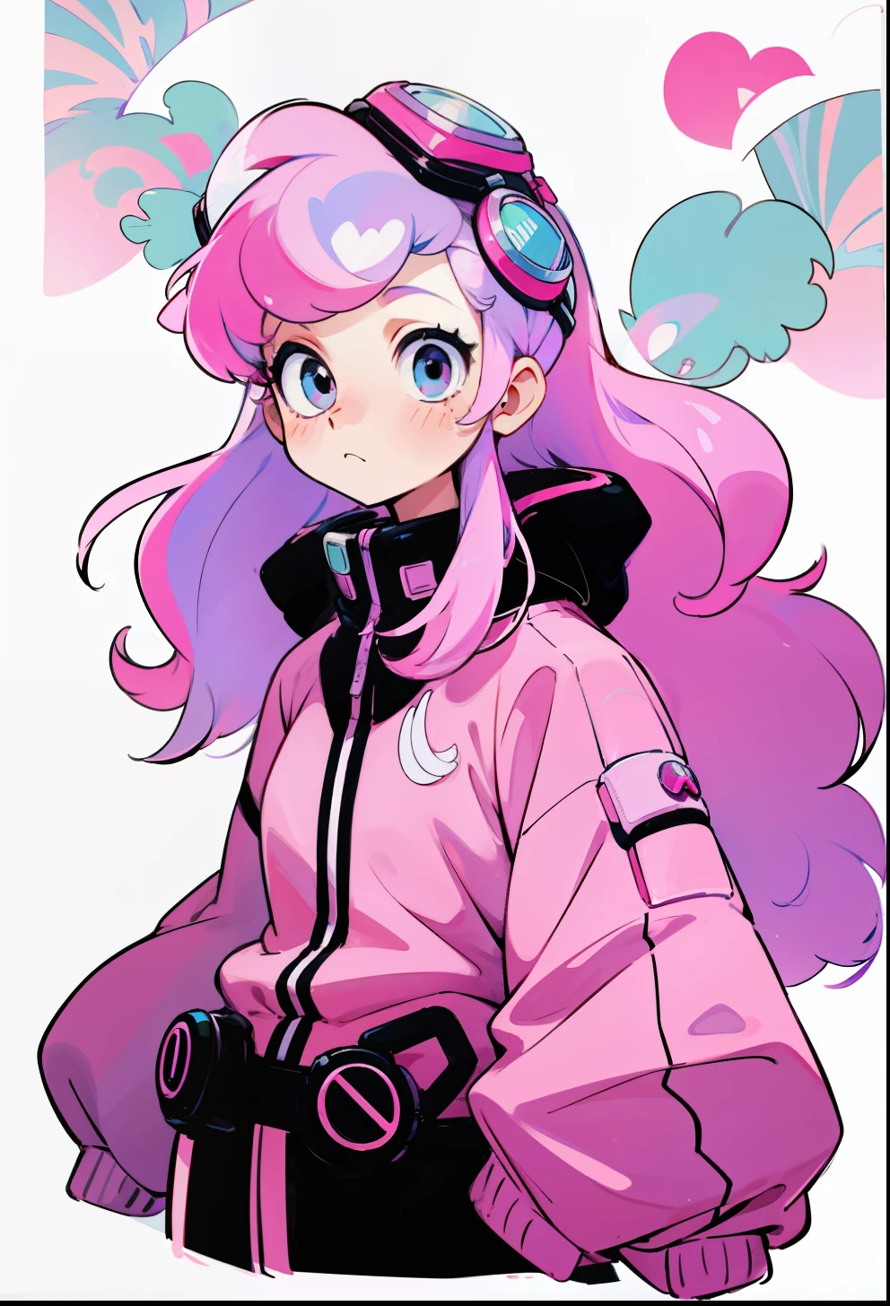 Pastel pink hair, 1Girl, Windbreaker clothing, Long-haired, goggles